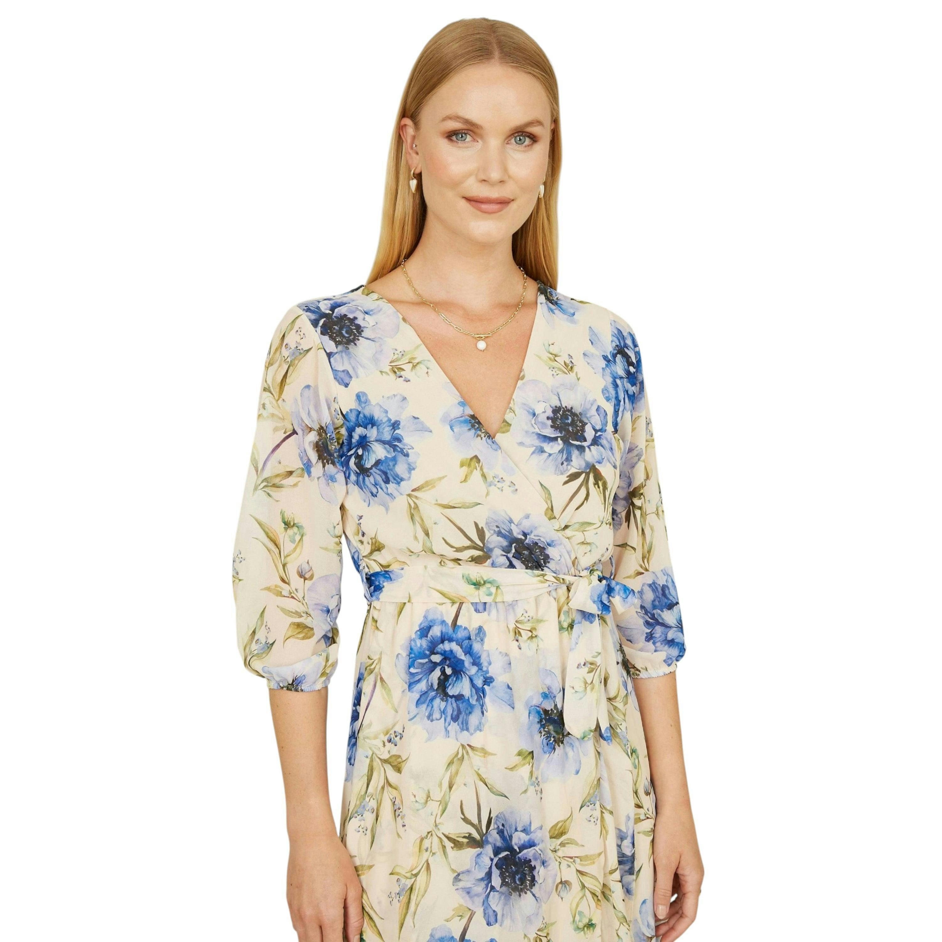 Yumi Cream Vintage Floral Wrap Midi Dress With Frill , view 2 of 6