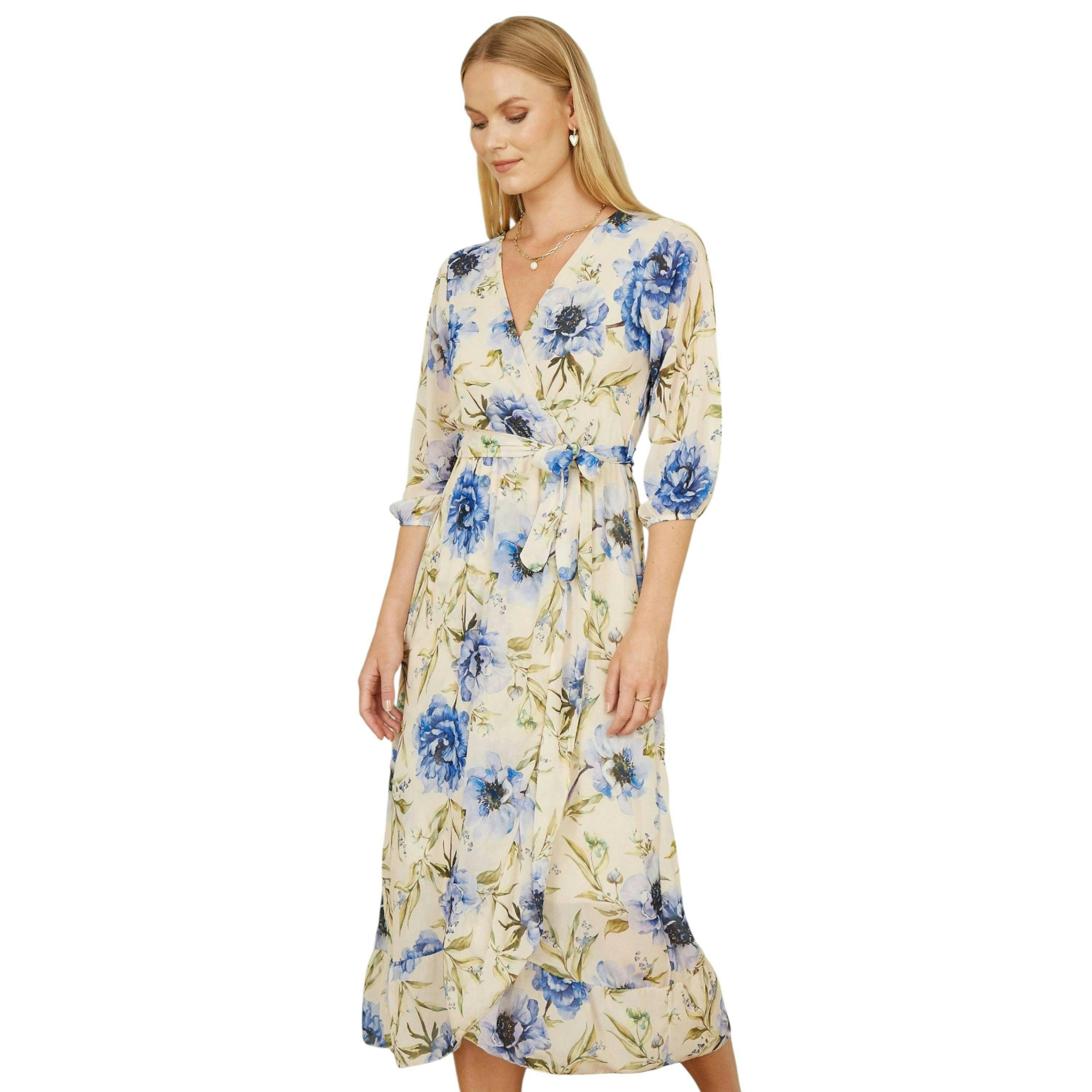 Yumi Cream Vintage Floral Wrap Midi Dress With Frill , view 3 of 6