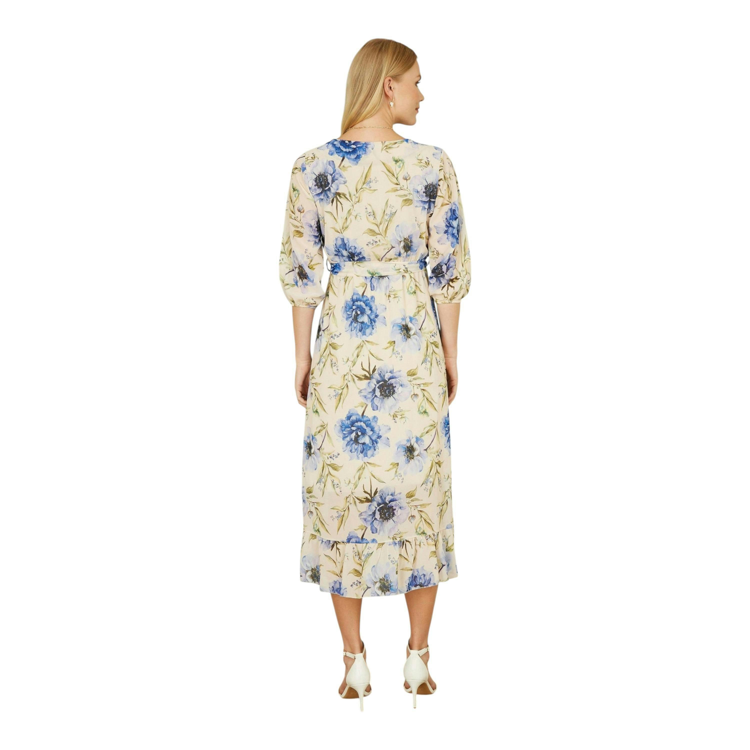 Yumi Cream Vintage Floral Wrap Midi Dress With Frill , view 4 of 6