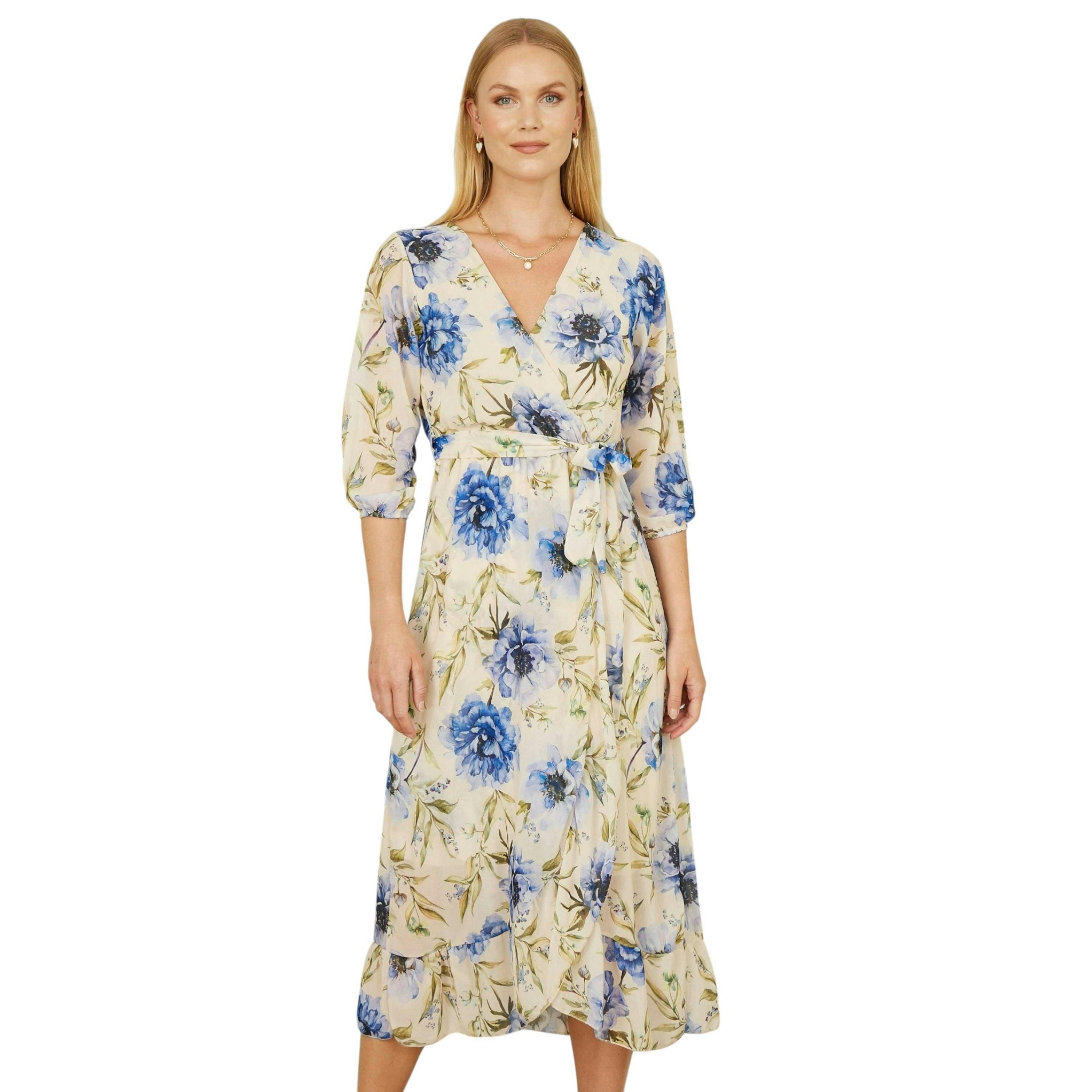 Yumi Cream Vintage Floral Wrap Midi Dress With Frill , view 5 of 6