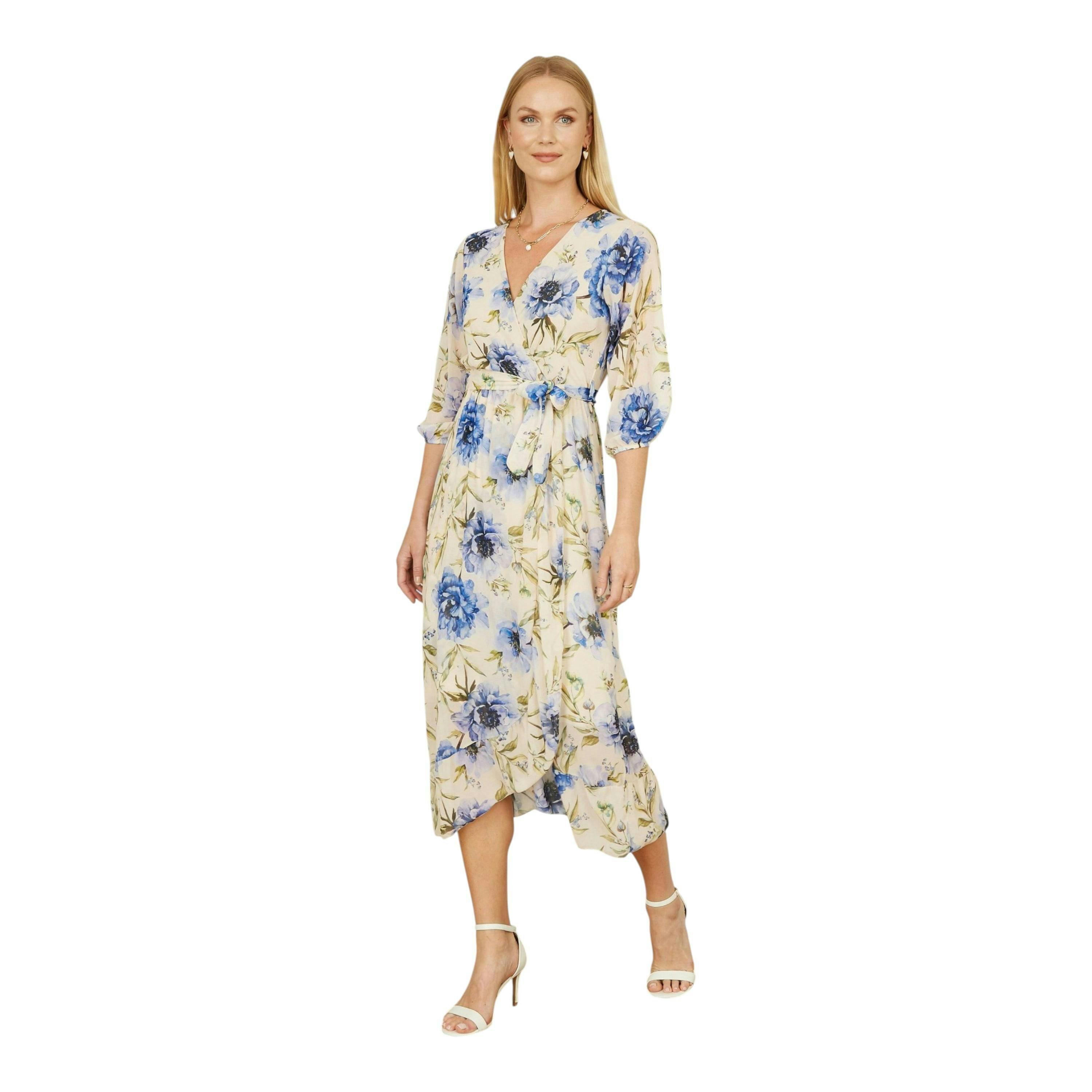 Yumi Cream Vintage Floral Wrap Midi Dress With Frill , view 6 of 6
