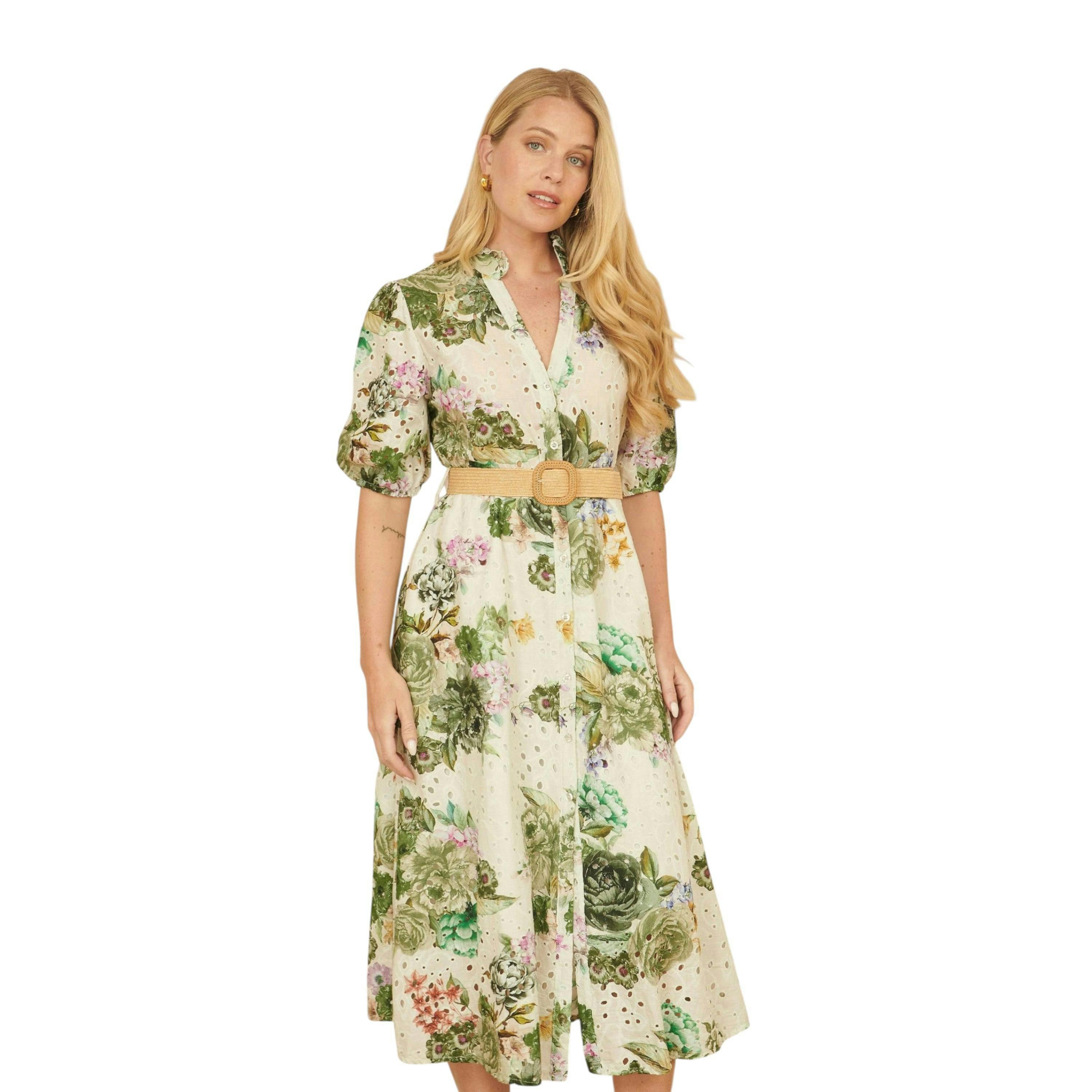 Yumi Green Cotton Broderie Anglaise Midi Shirt Dress , view 1 of 5