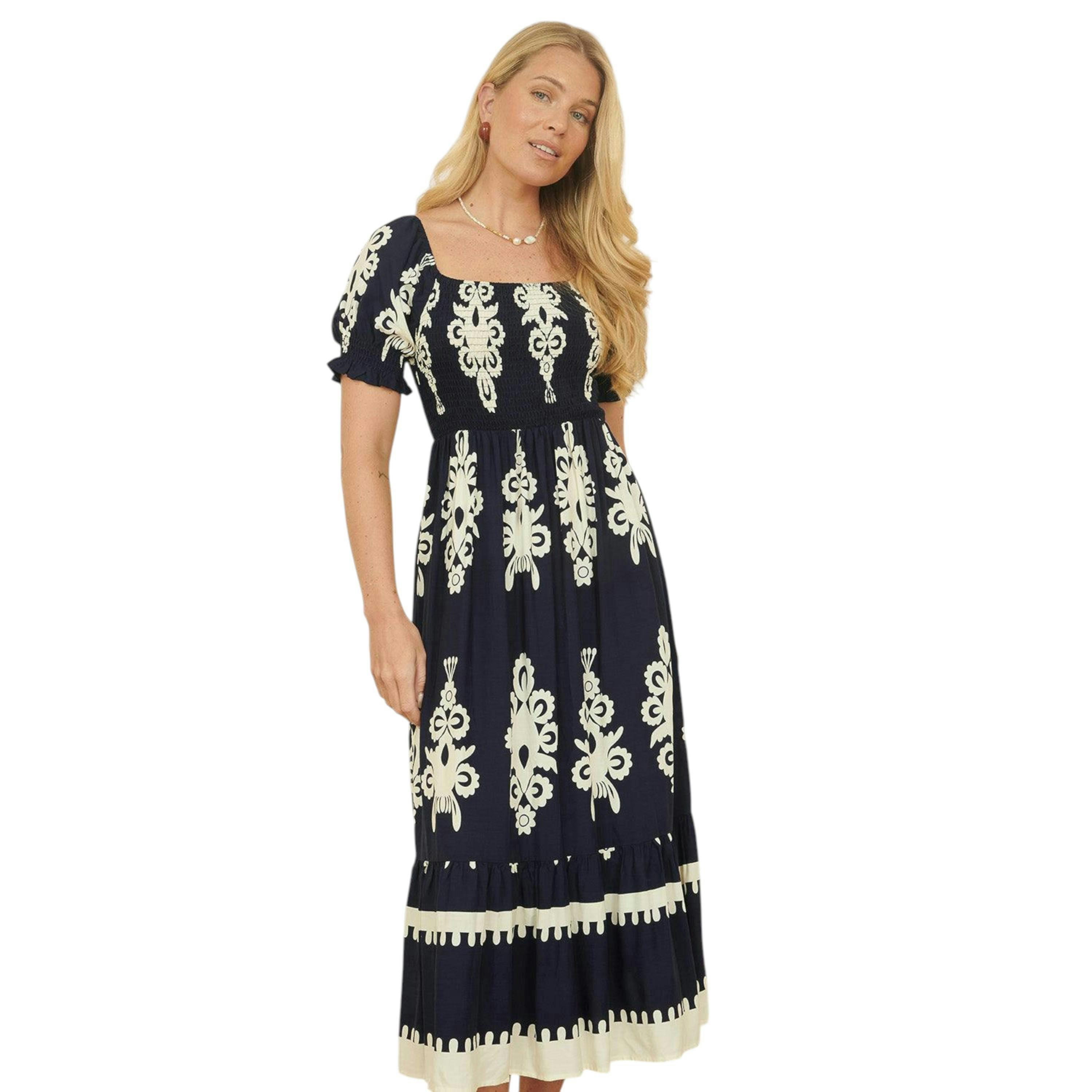 Yumi Navy Block Print Viscose Ruched Midi Dress , view 1 of 5