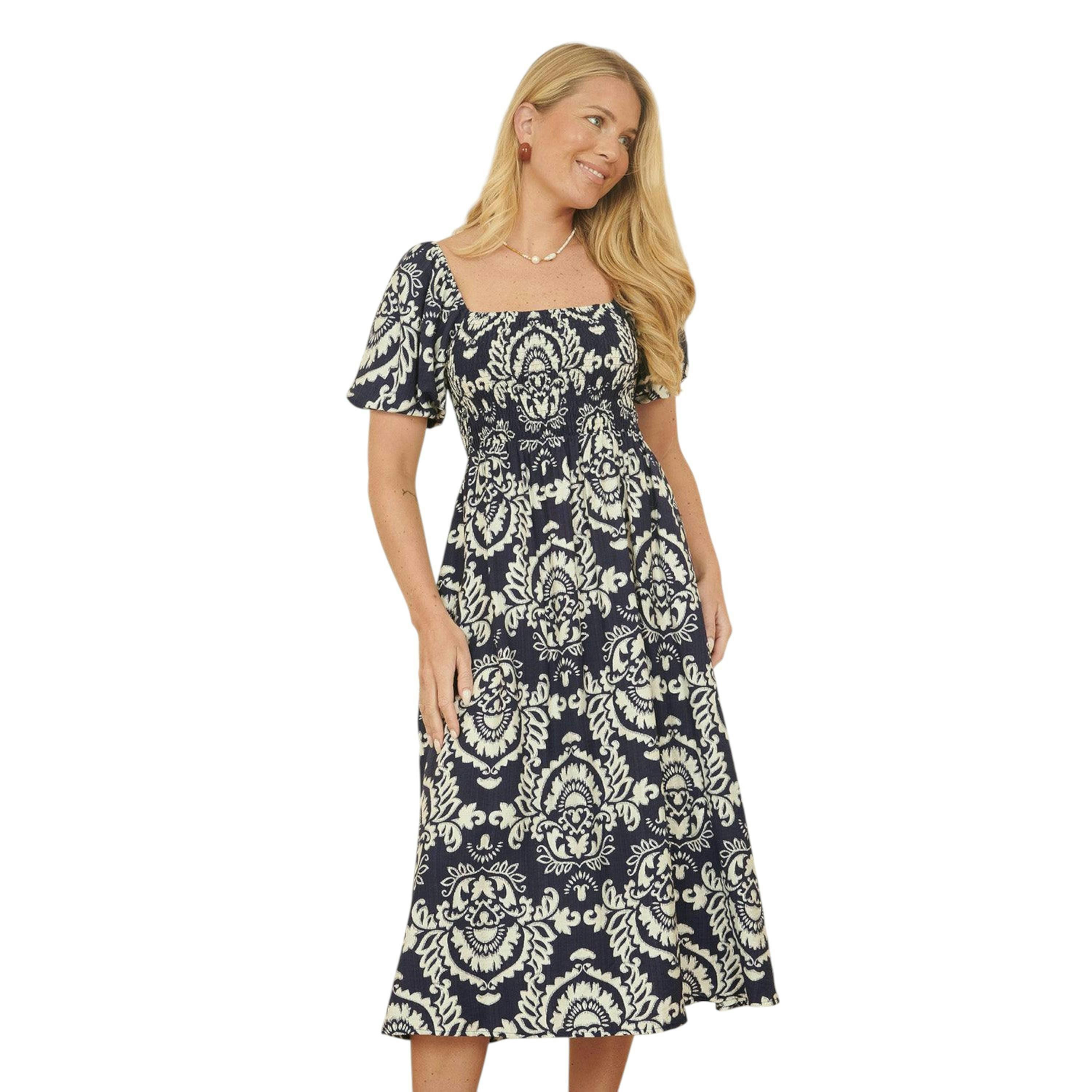 Yumi Navy Aztec Print Ruched Midi Dress , view 1 of 4