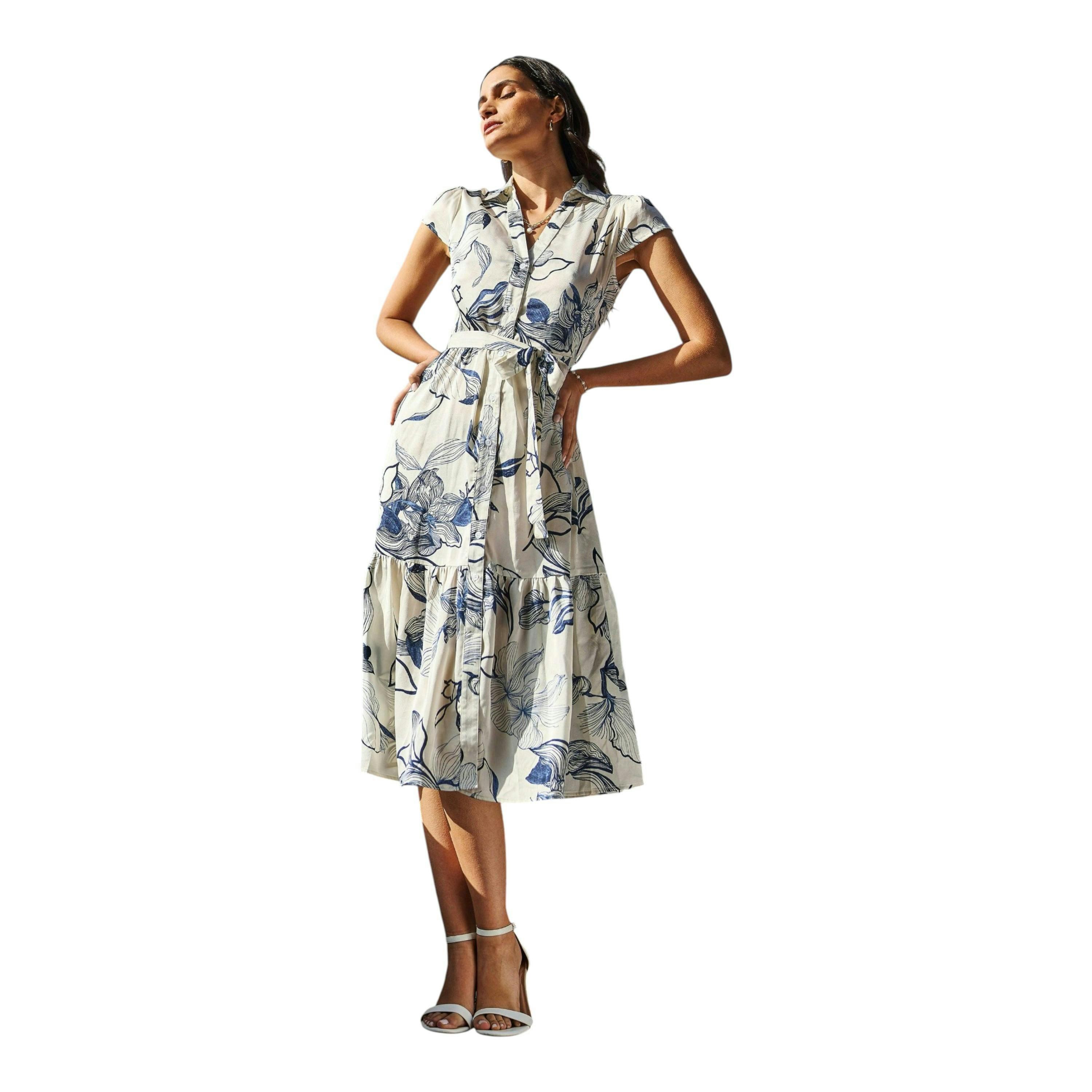 Yumi White Abstract Floral Midi Shirt Dress , view 1 of 6