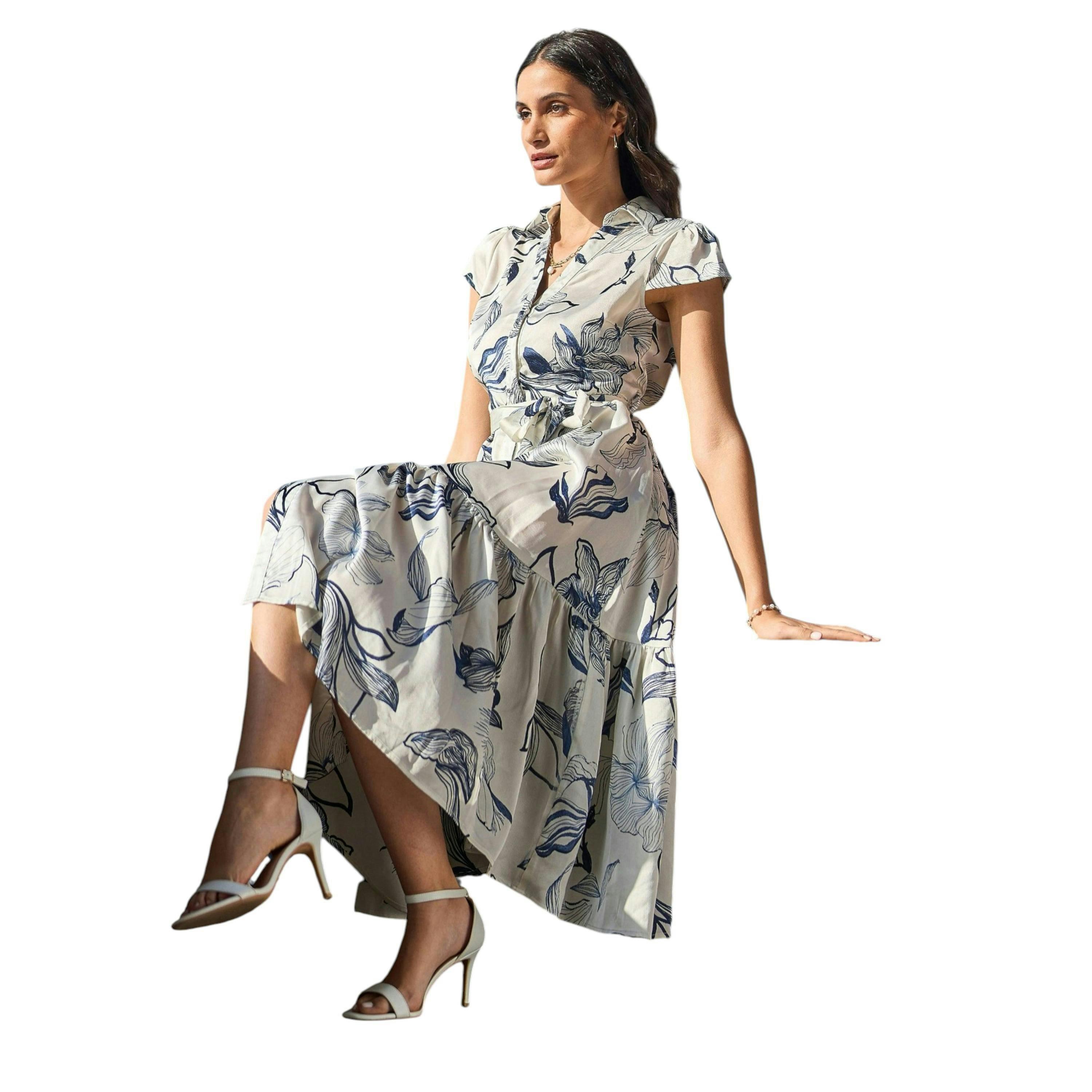 Yumi White Abstract Floral Midi Shirt Dress , view 2 of 6