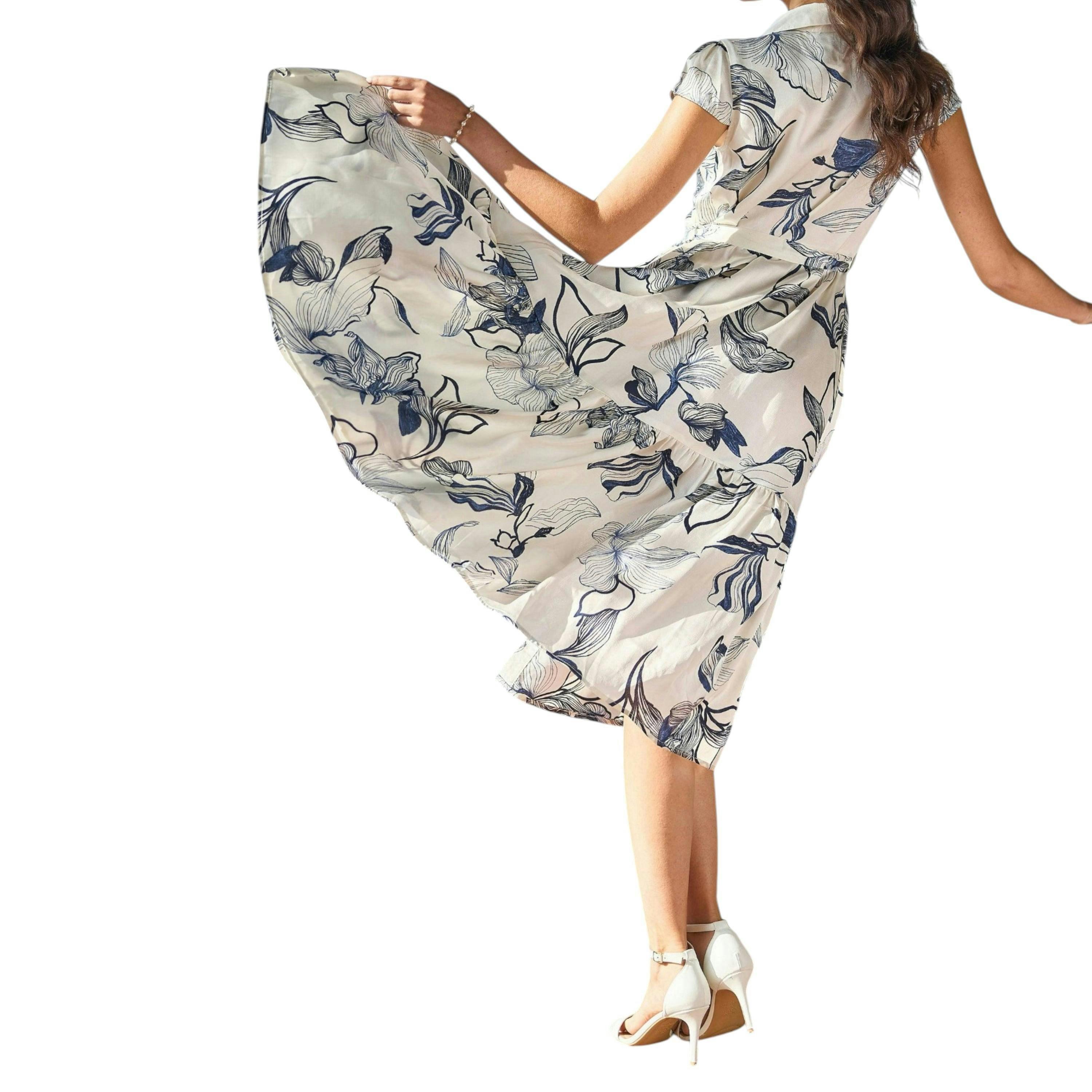 Yumi White Abstract Floral Midi Shirt Dress , view 4 of 6