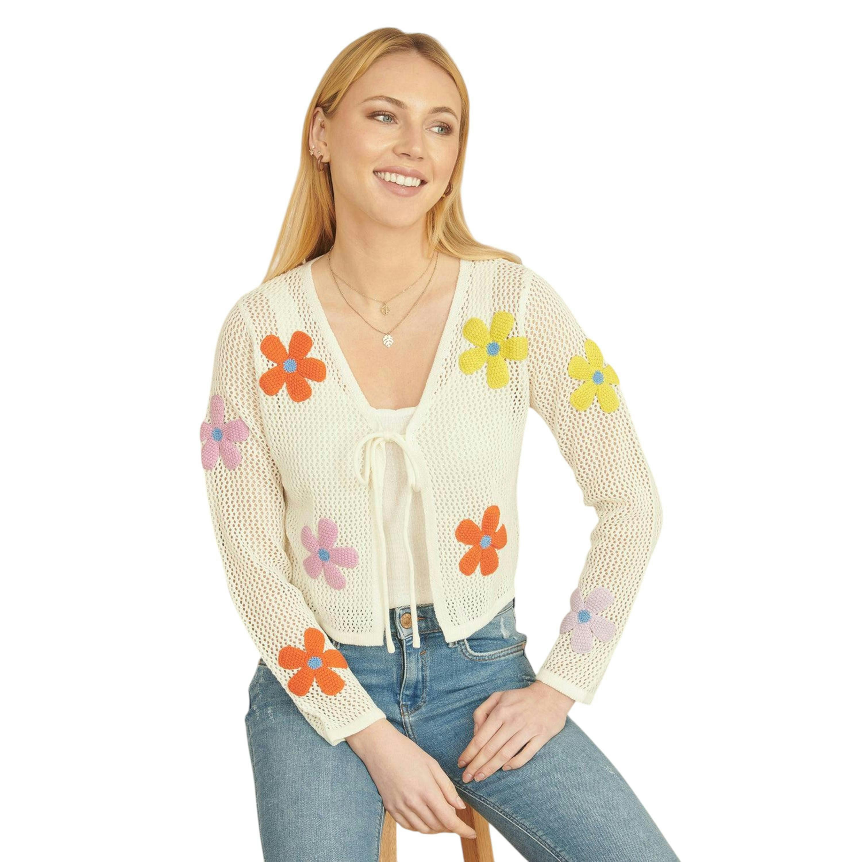 Yumi White Tie Front Cardigan With Flower Design , view 1 of 5