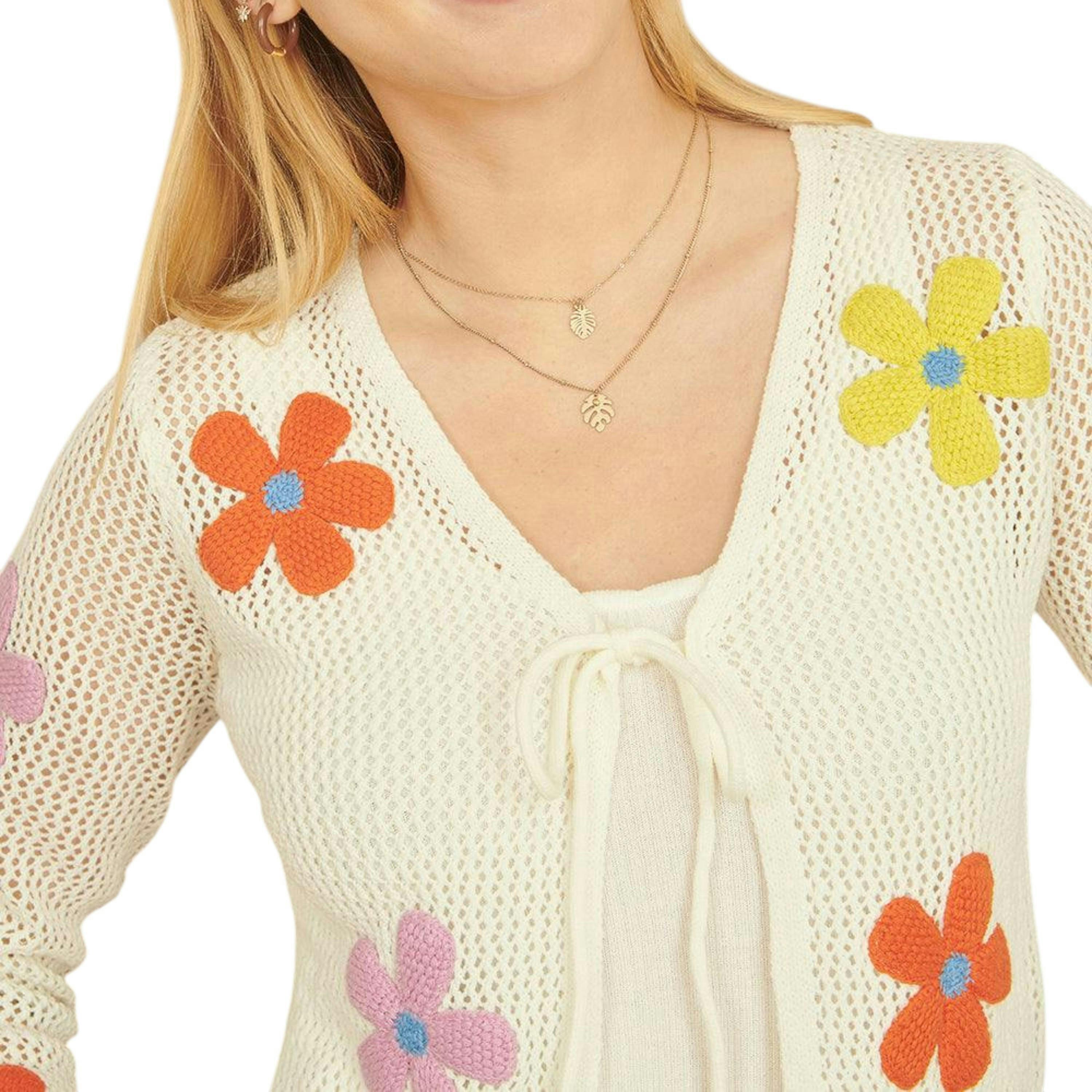 Yumi White Tie Front Cardigan With Flower Design , view 2 of 5