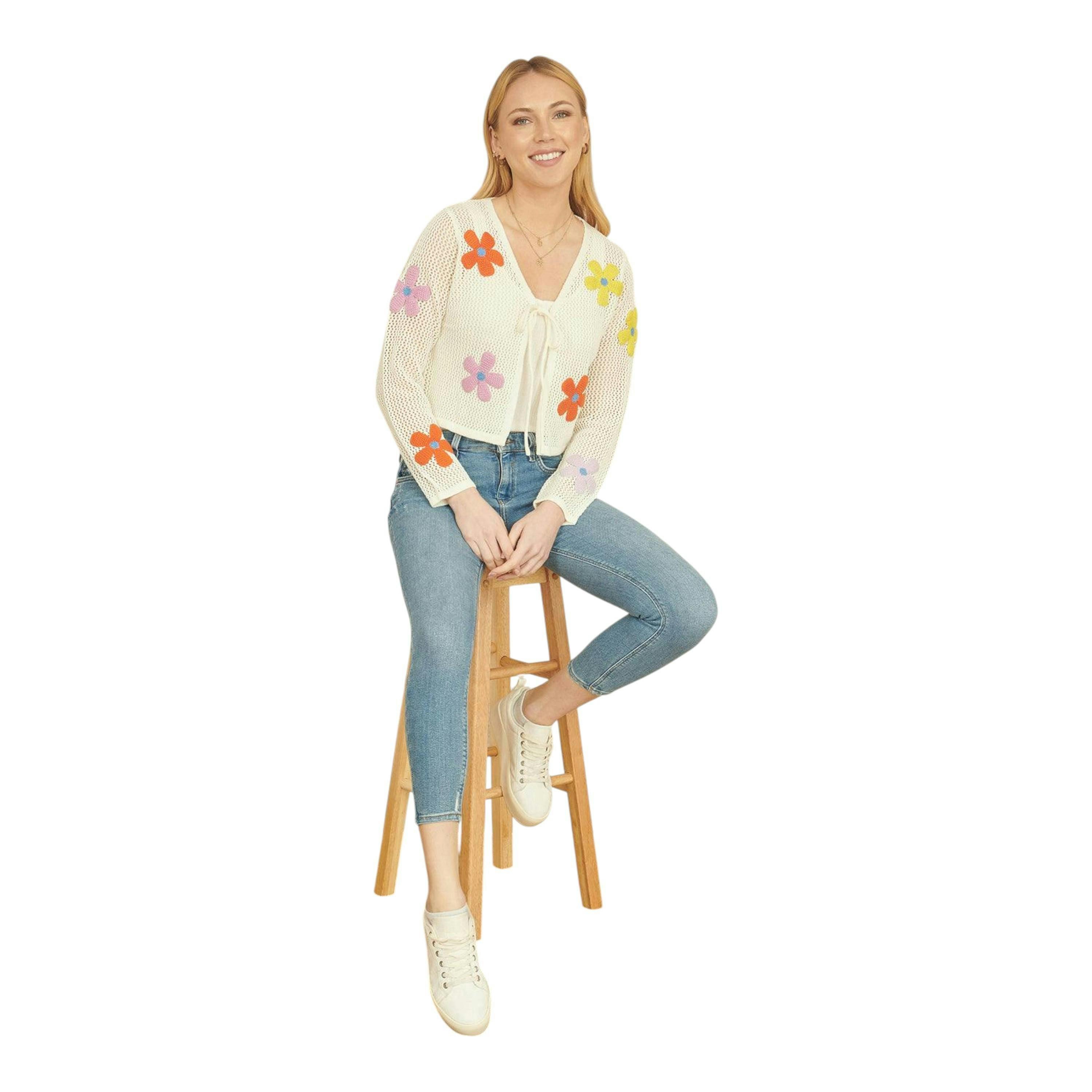 Yumi White Tie Front Cardigan With Flower Design , view 3 of 5
