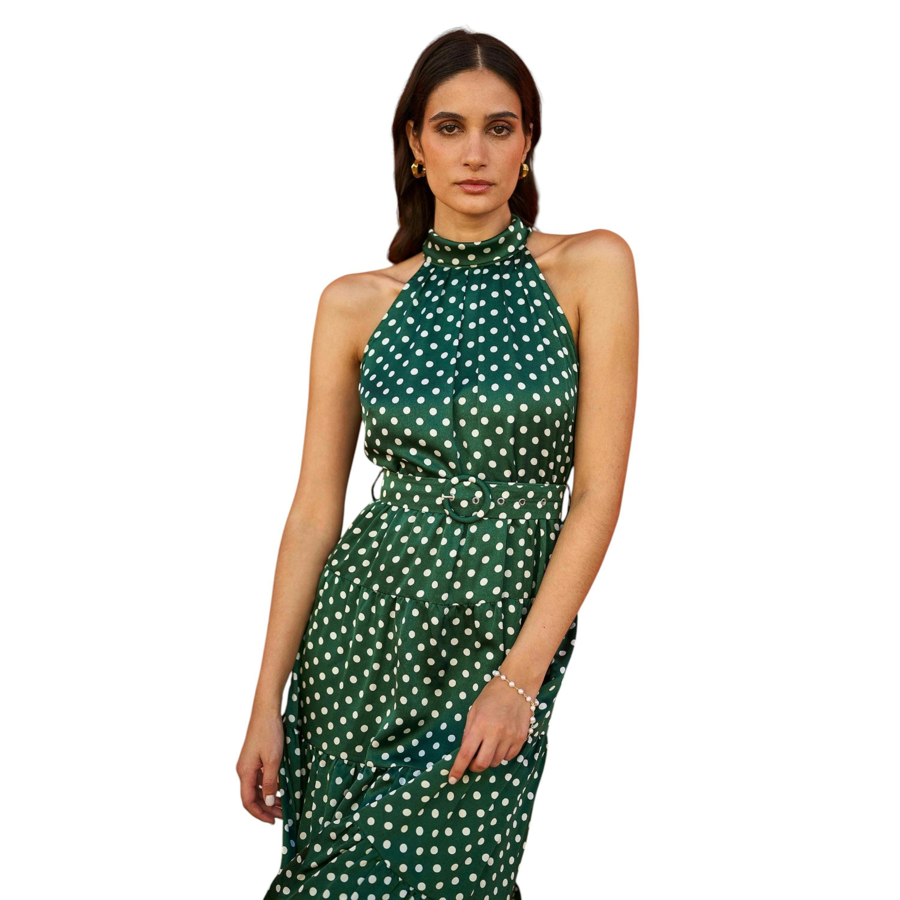 Yumi Green Spot Print Halter Midi Dress With Matching Belt , view 1 of 6