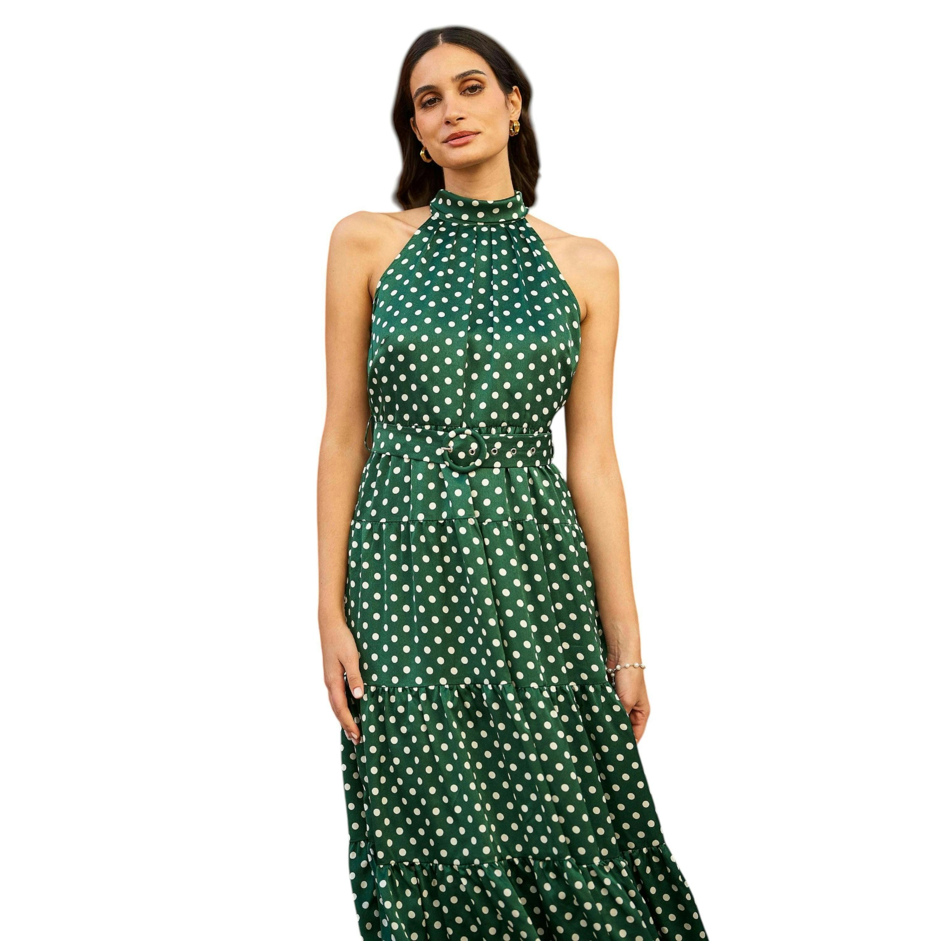 Yumi Green Spot Print Halter Midi Dress With Matching Belt , view 2 of 6