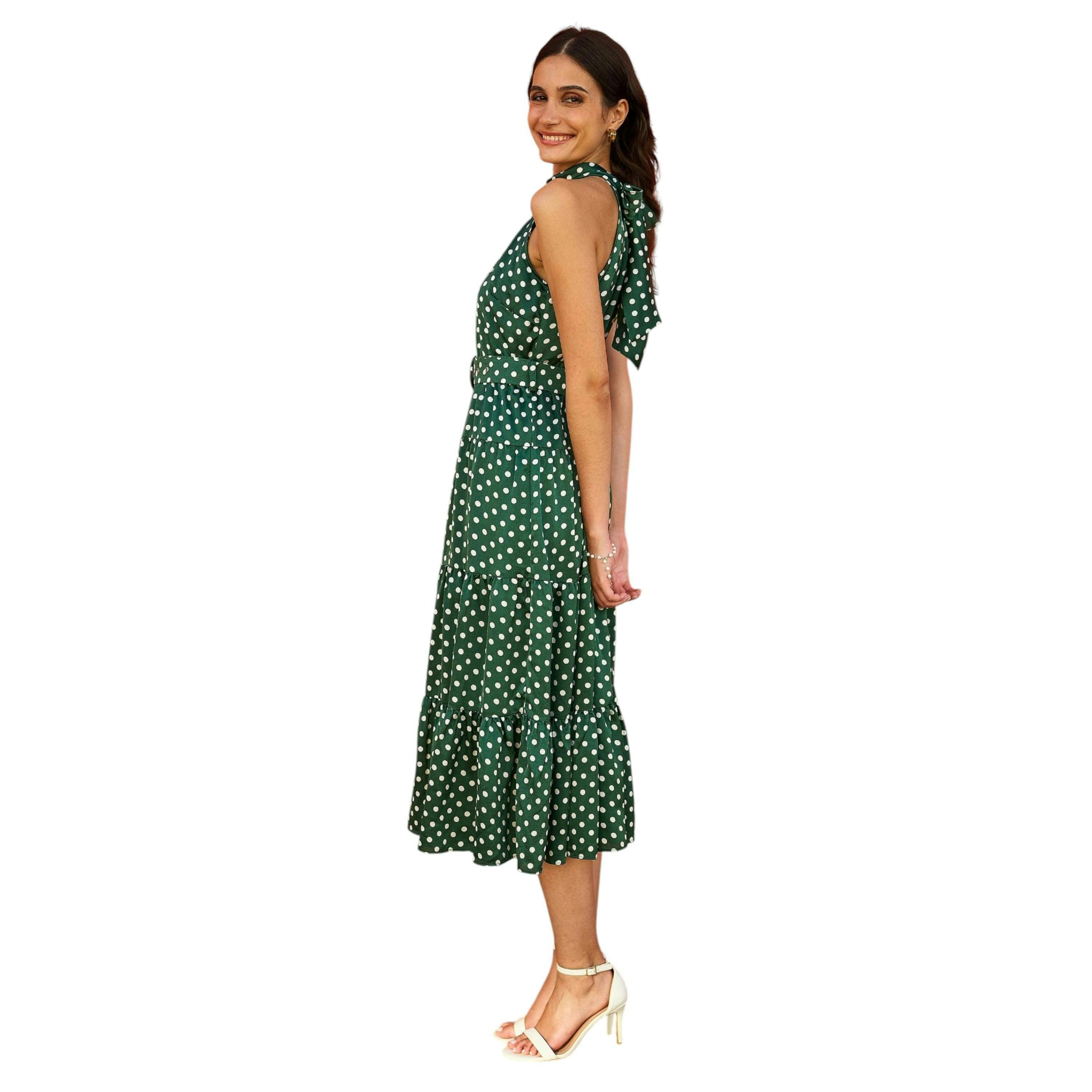 Yumi Green Spot Print Halter Midi Dress With Matching Belt , view 4 of 6