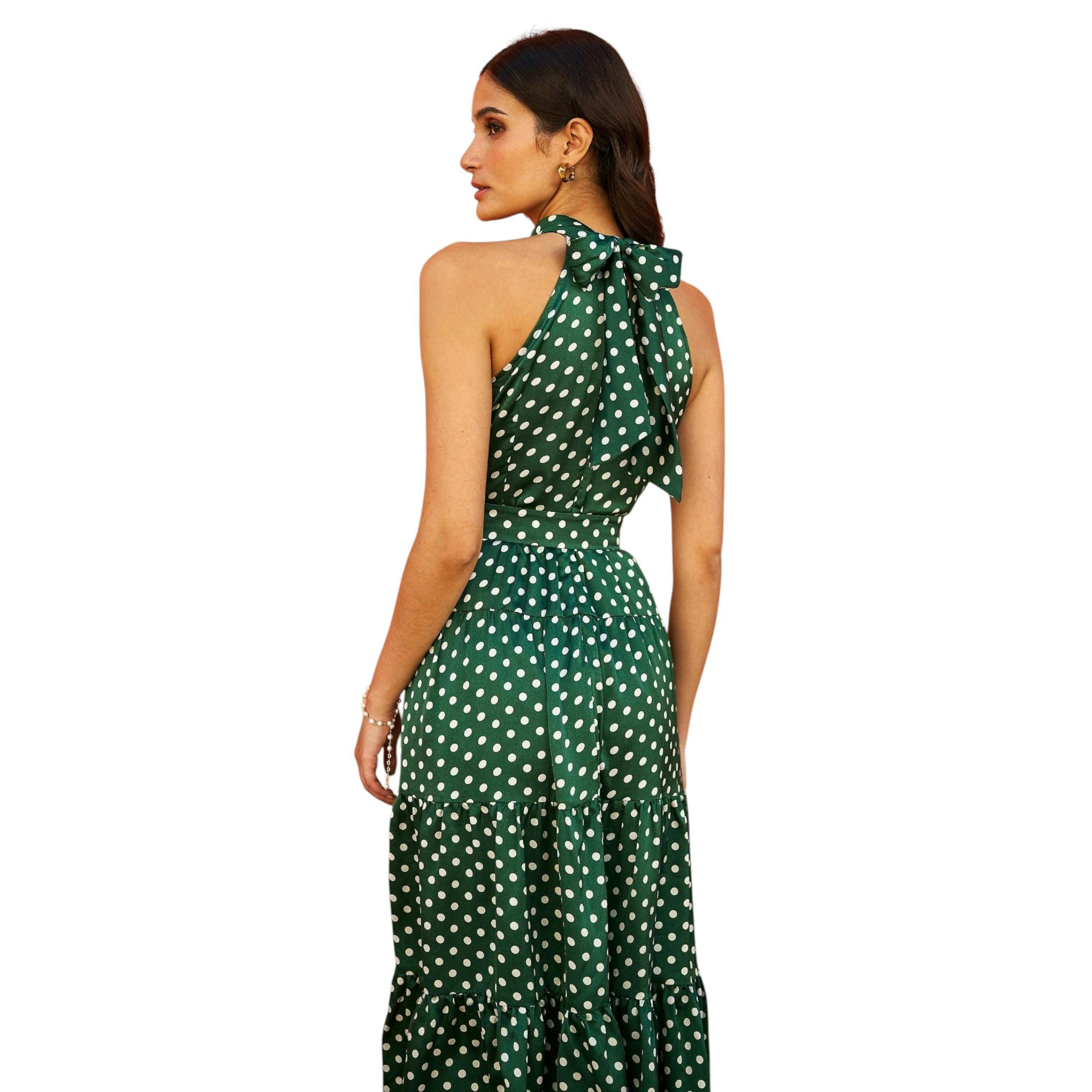 Yumi Green Spot Print Halter Midi Dress With Matching Belt , view 5 of 6