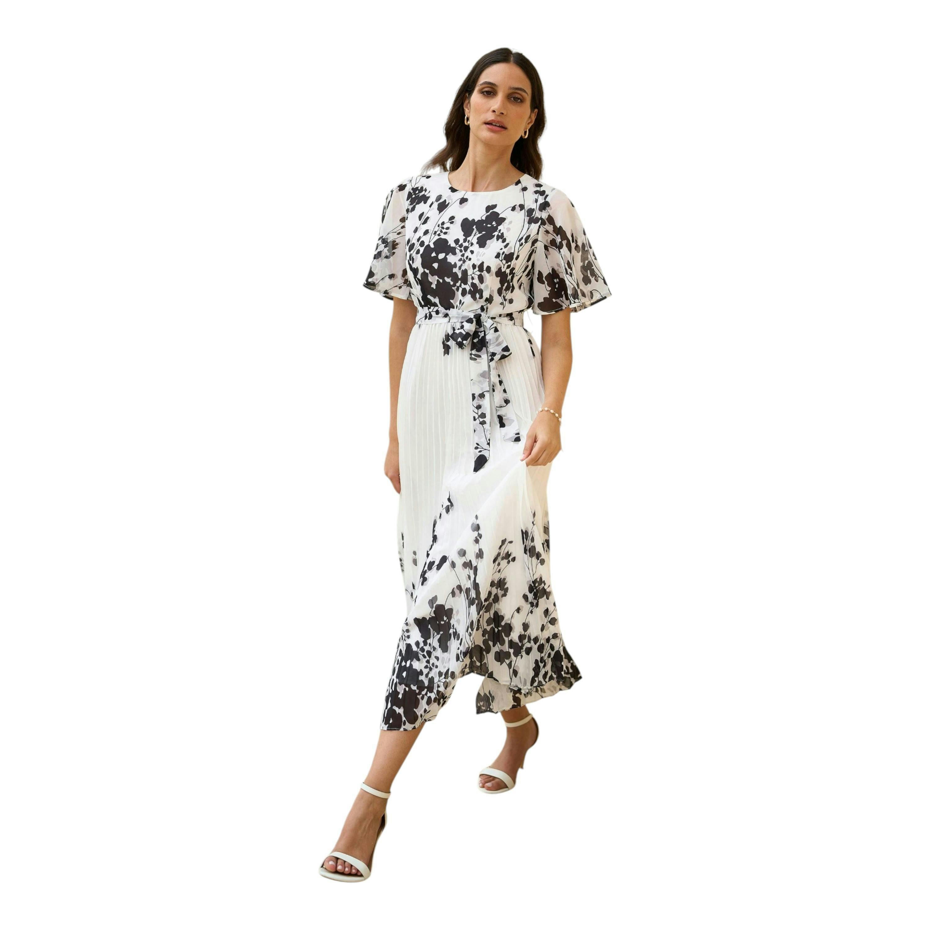 Yumi White Mirror Floral Design Pleated Midi Dress , view 1 of 6