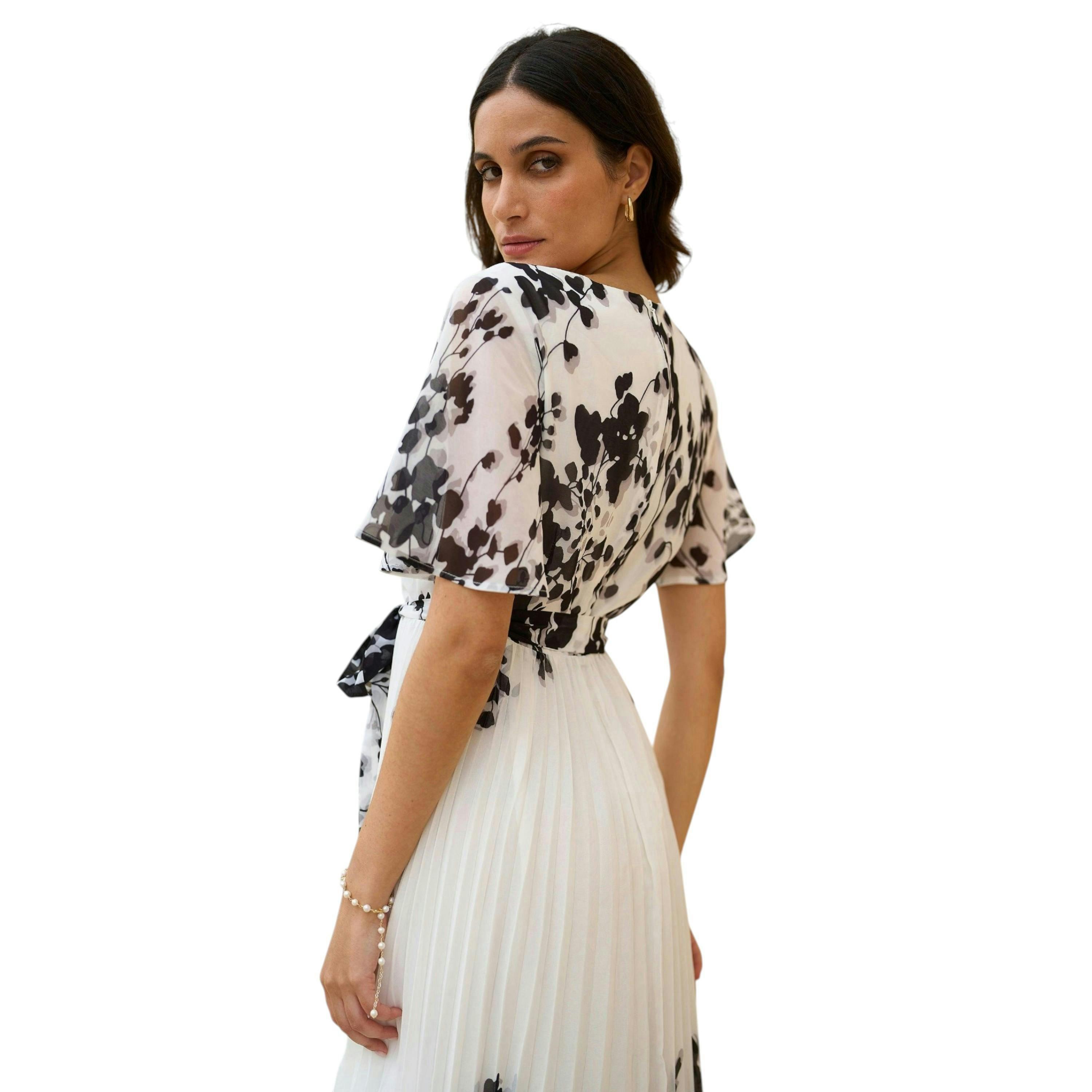 Yumi White Mirror Floral Design Pleated Midi Dress , view 2 of 6