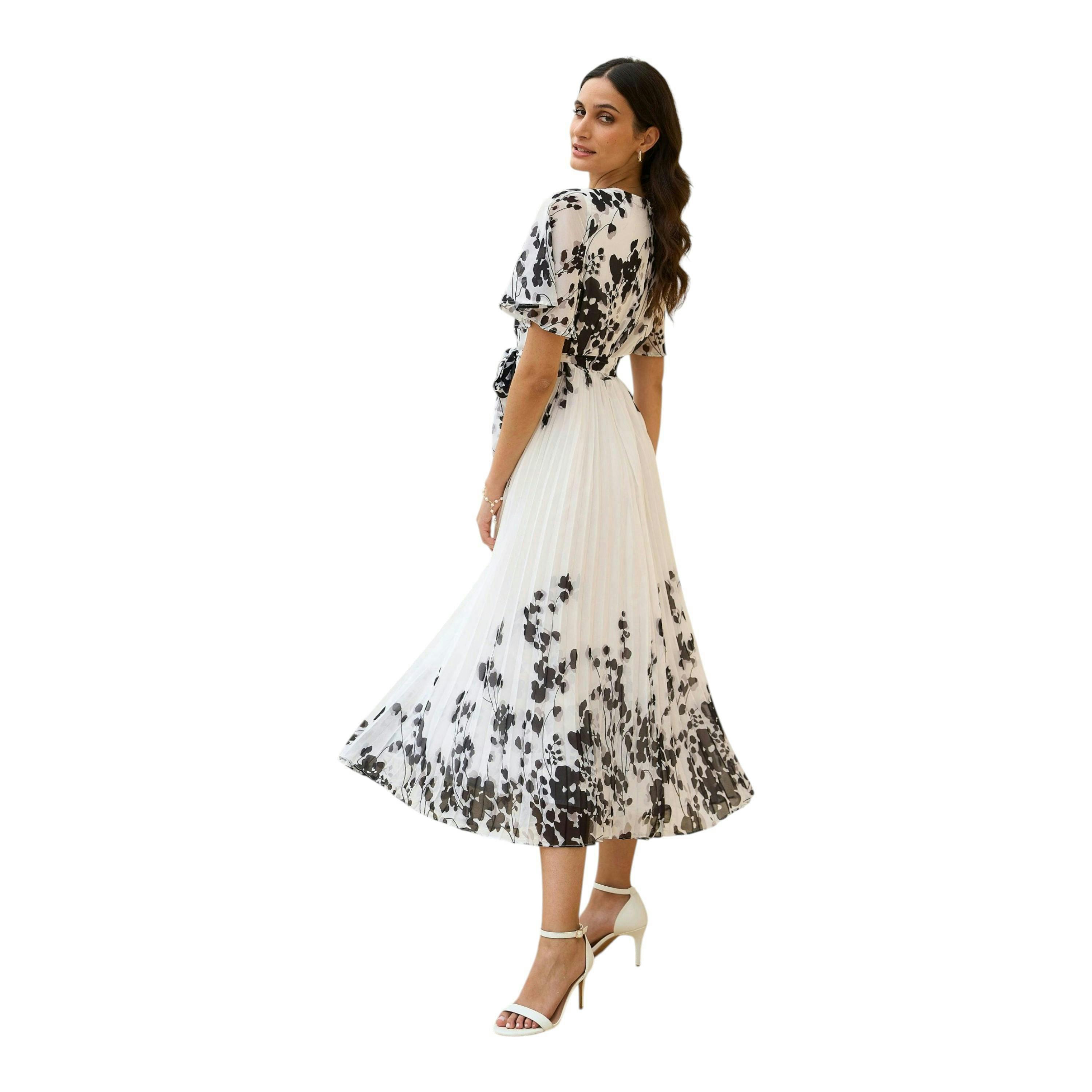 Yumi White Mirror Floral Design Pleated Midi Dress , view 3 of 6