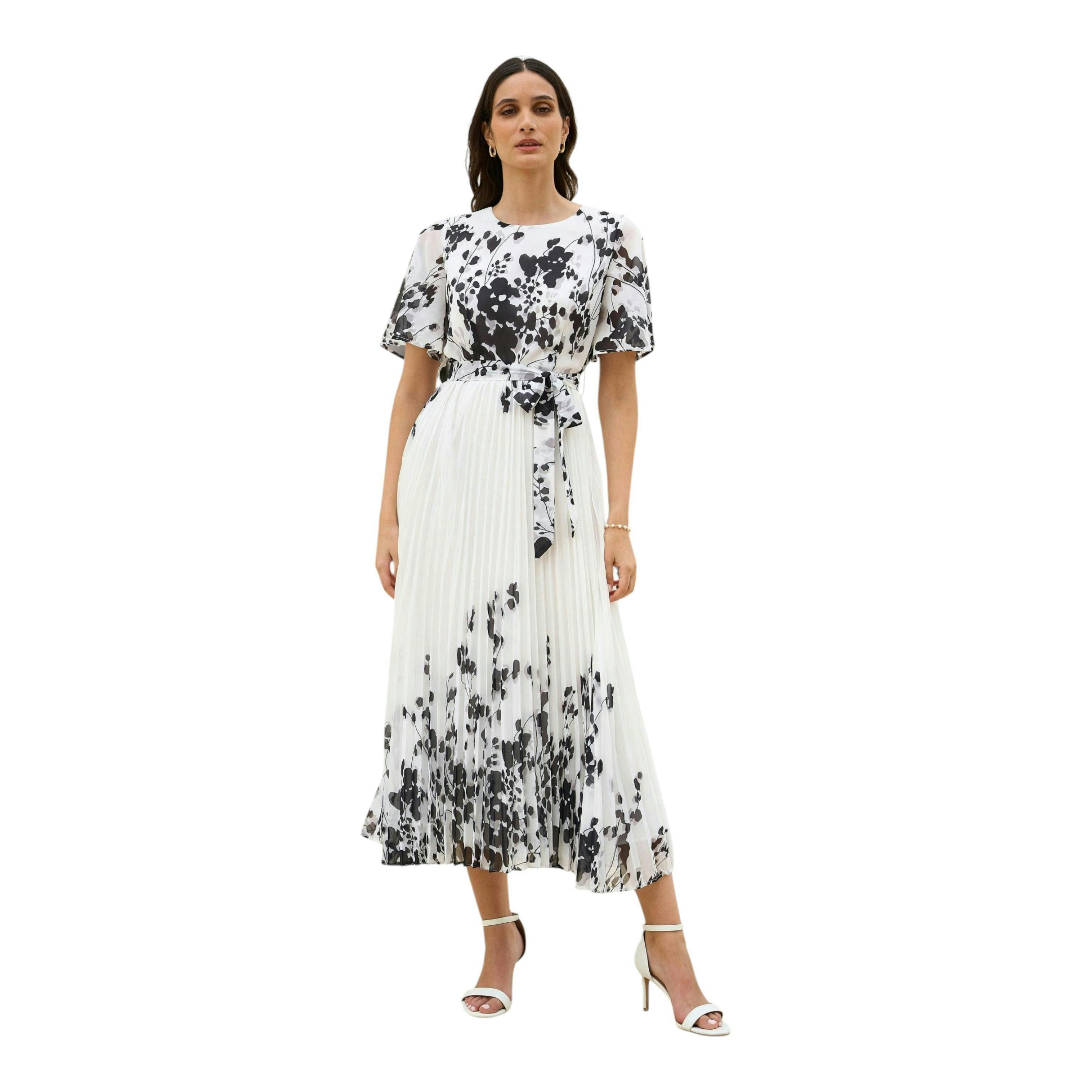 Yumi White Mirror Floral Design Pleated Midi Dress , view 4 of 6
