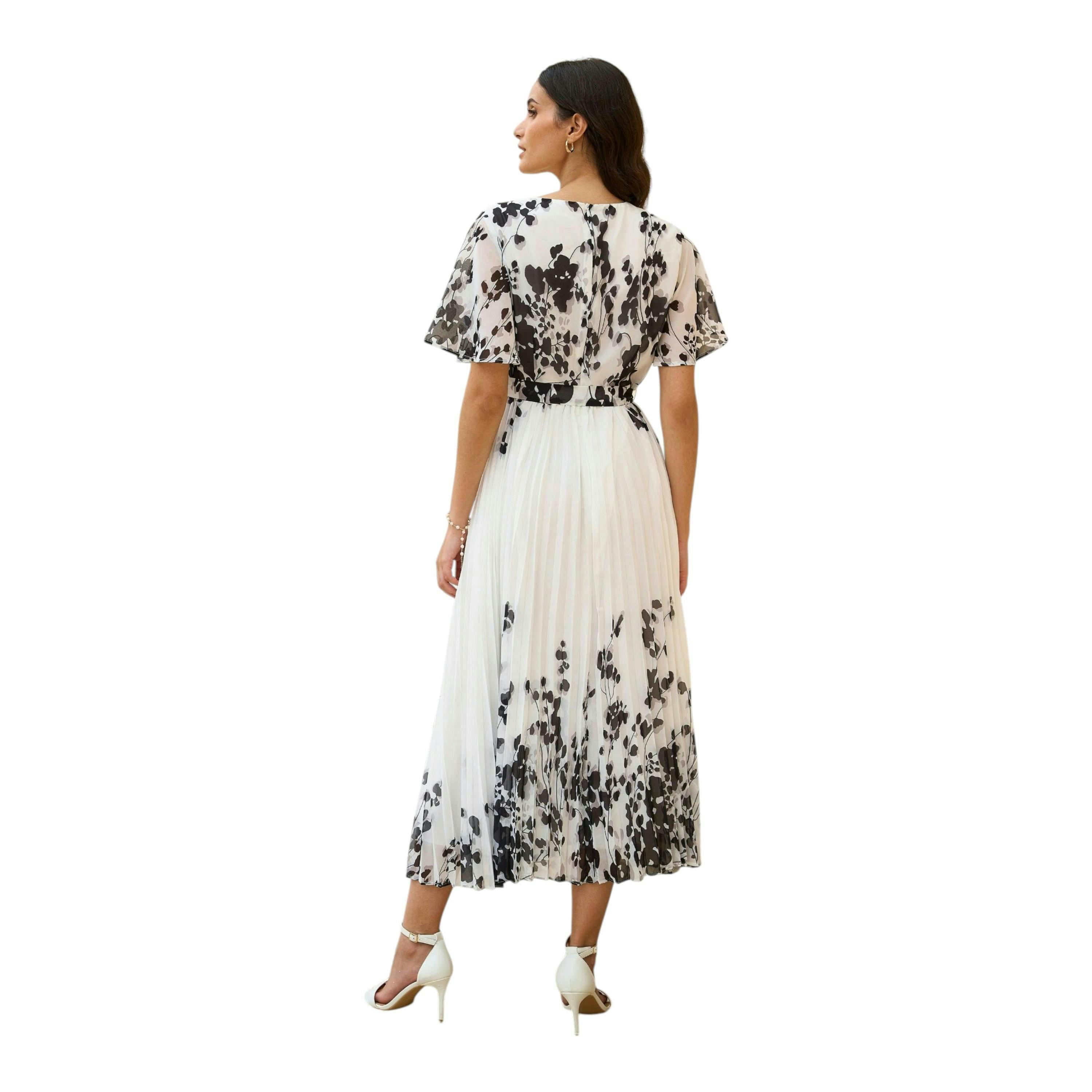 Yumi White Mirror Floral Design Pleated Midi Dress , view 5 of 6