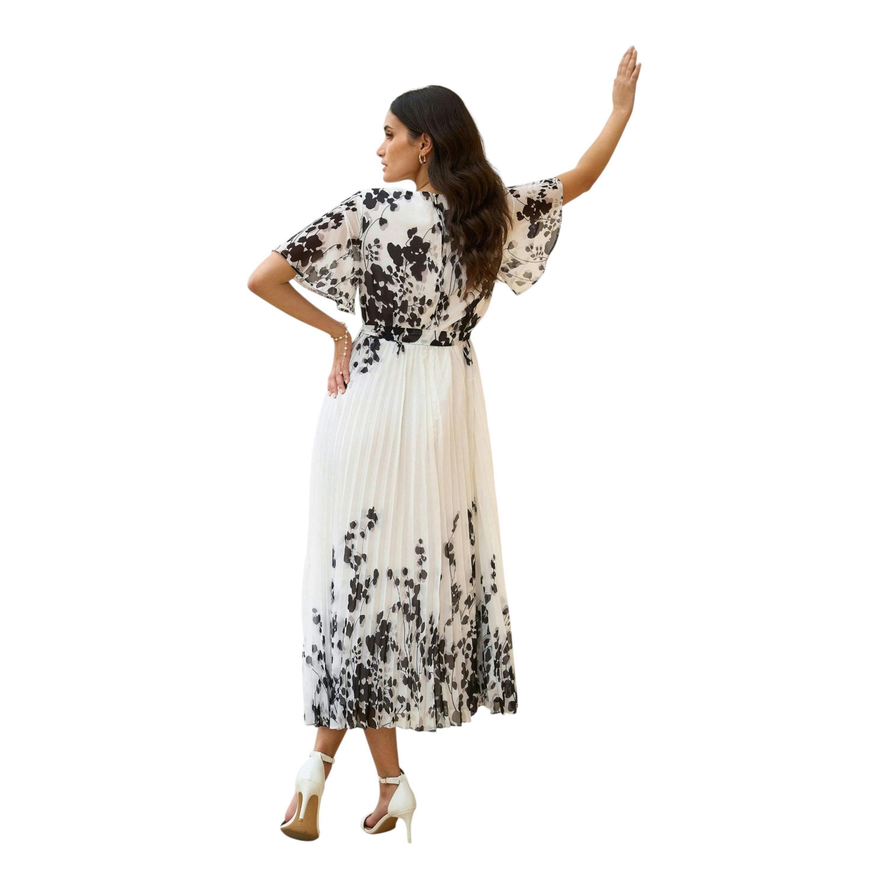 Yumi White Mirror Floral Design Pleated Midi Dress , view 6 of 6