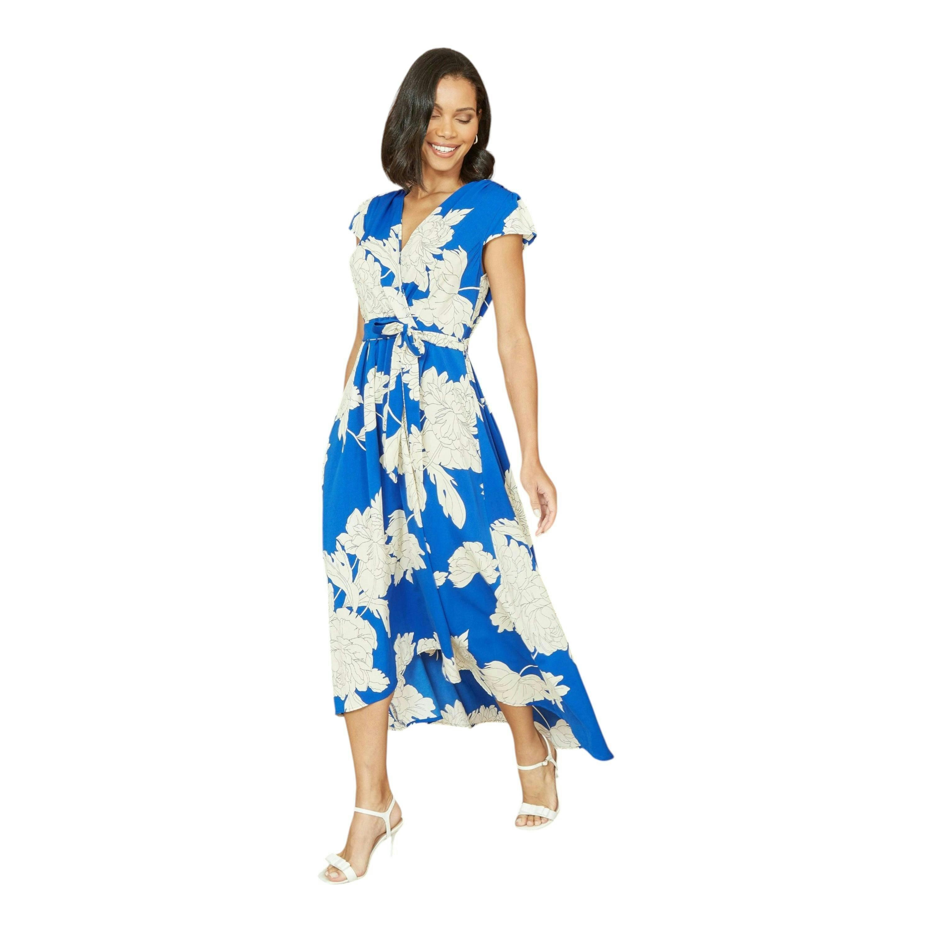 Yumi Blue Blossom Print Wrap Midi With Dipped Hem , view 1 of 3
