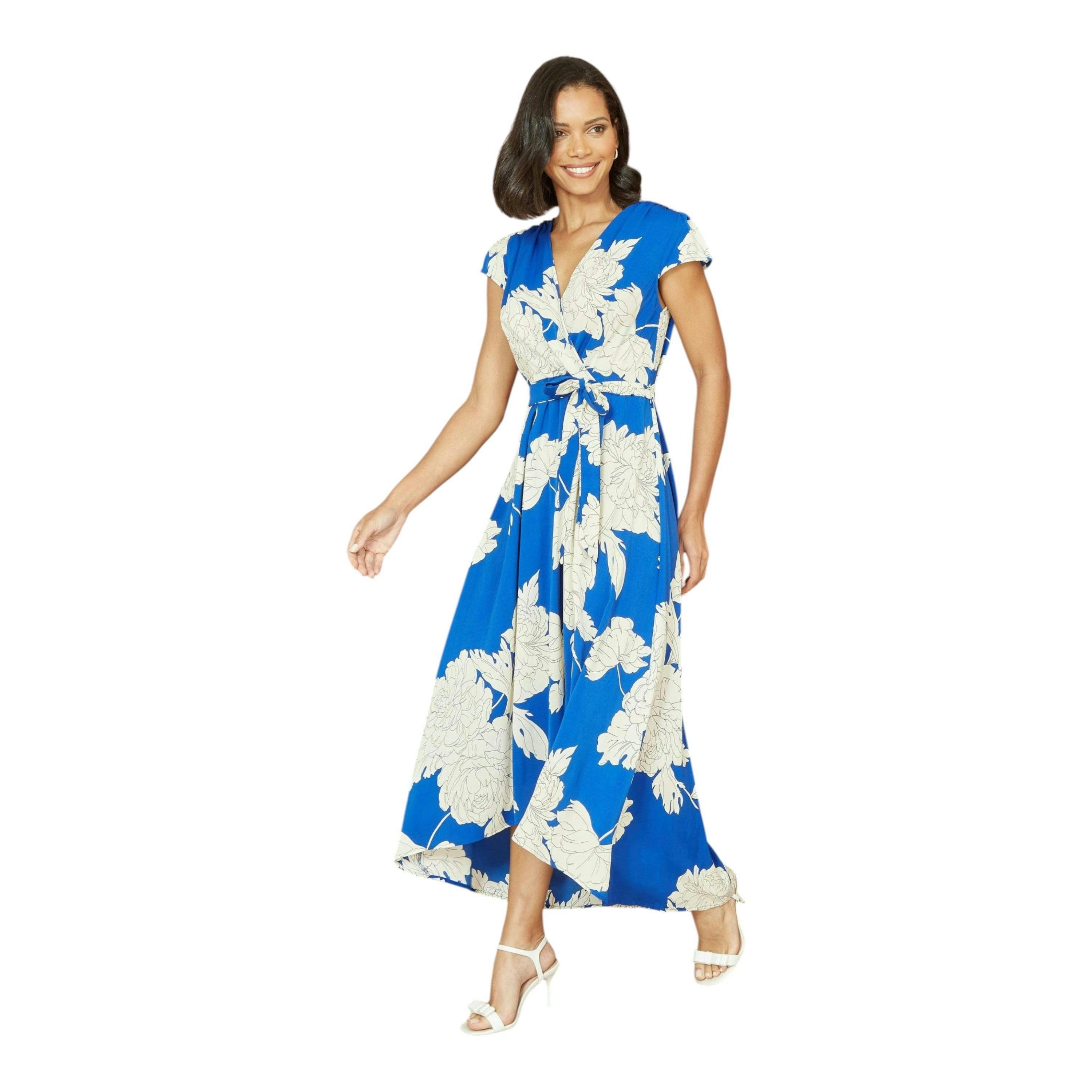 Yumi Blue Blossom Print Wrap Midi With Dipped Hem , view 3 of 3