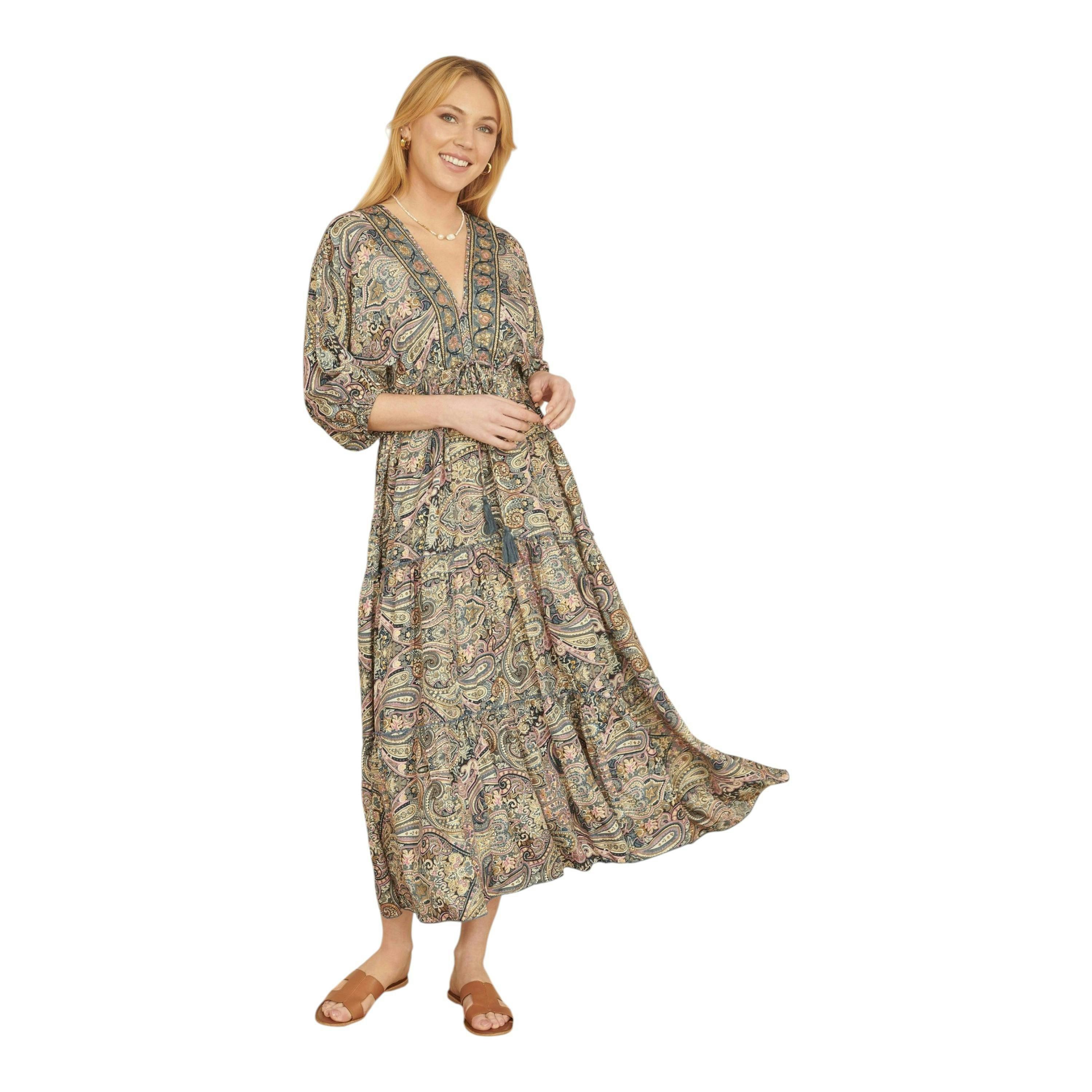 Yumi Multicolour Paisley Print Midi Kimono Dress With Tie Back , view 1 of 6