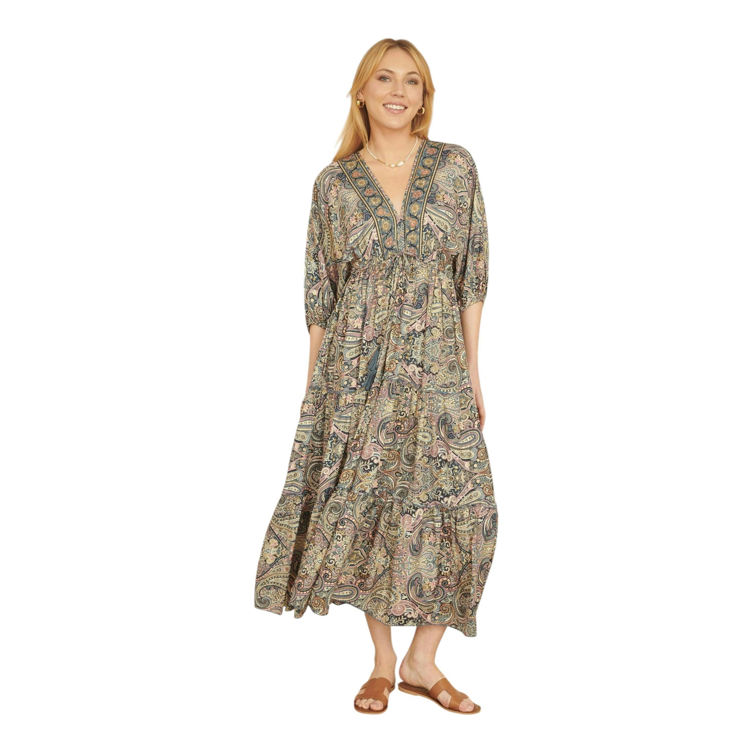 Yumi Multicolour Paisley Print Midi Kimono Dress With Tie Back , view 3 of 6