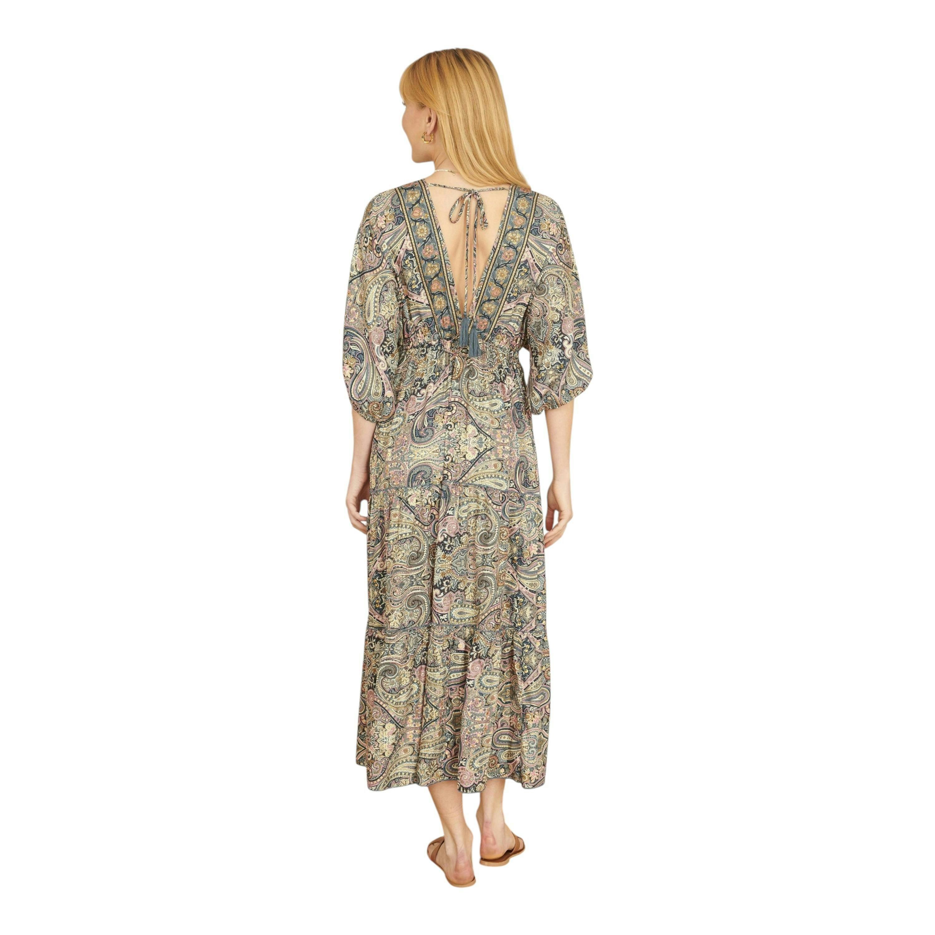 Yumi Multicolour Paisley Print Midi Kimono Dress With Tie Back , view 4 of 6