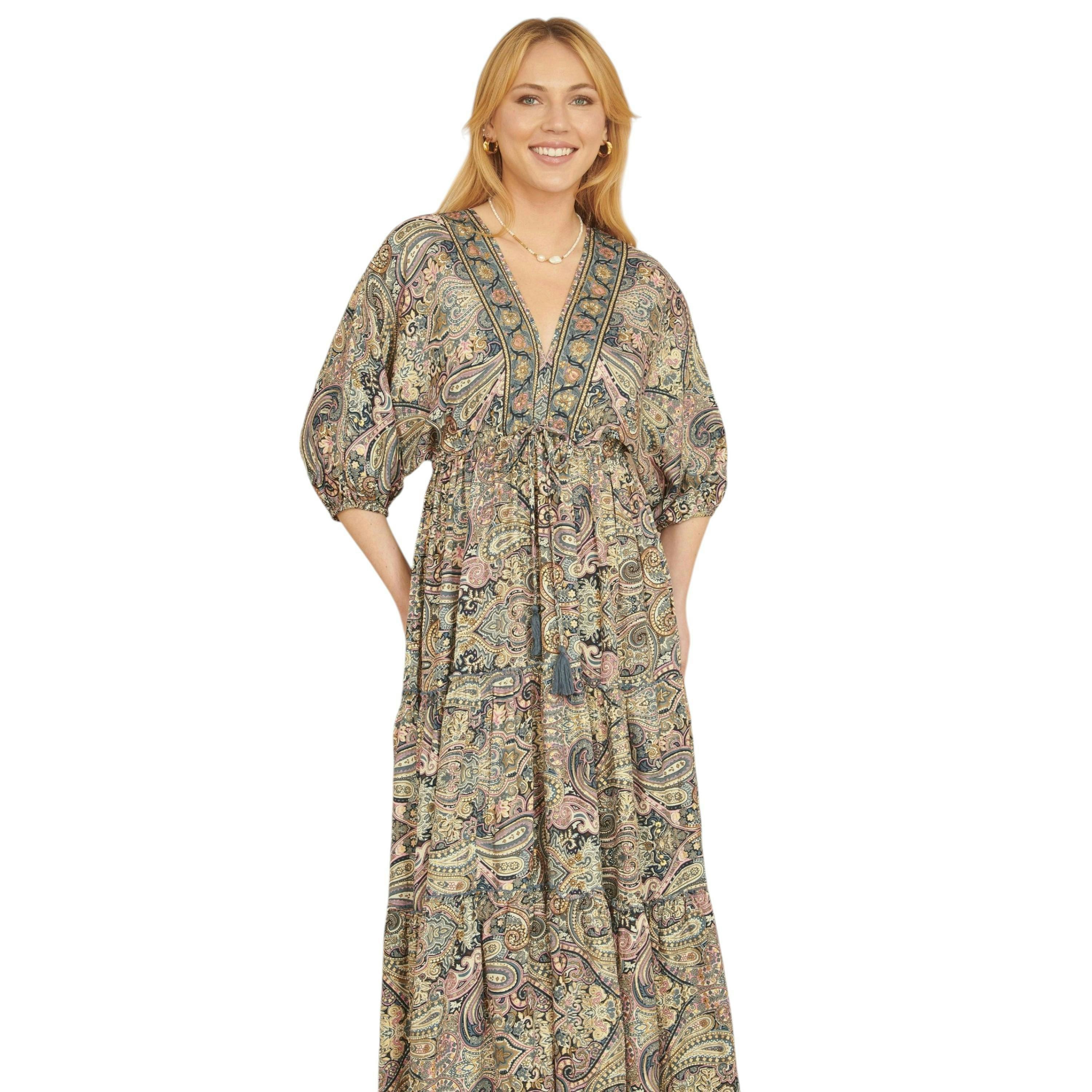 Yumi Multicolour Paisley Print Midi Kimono Dress With Tie Back , view 5 of 6