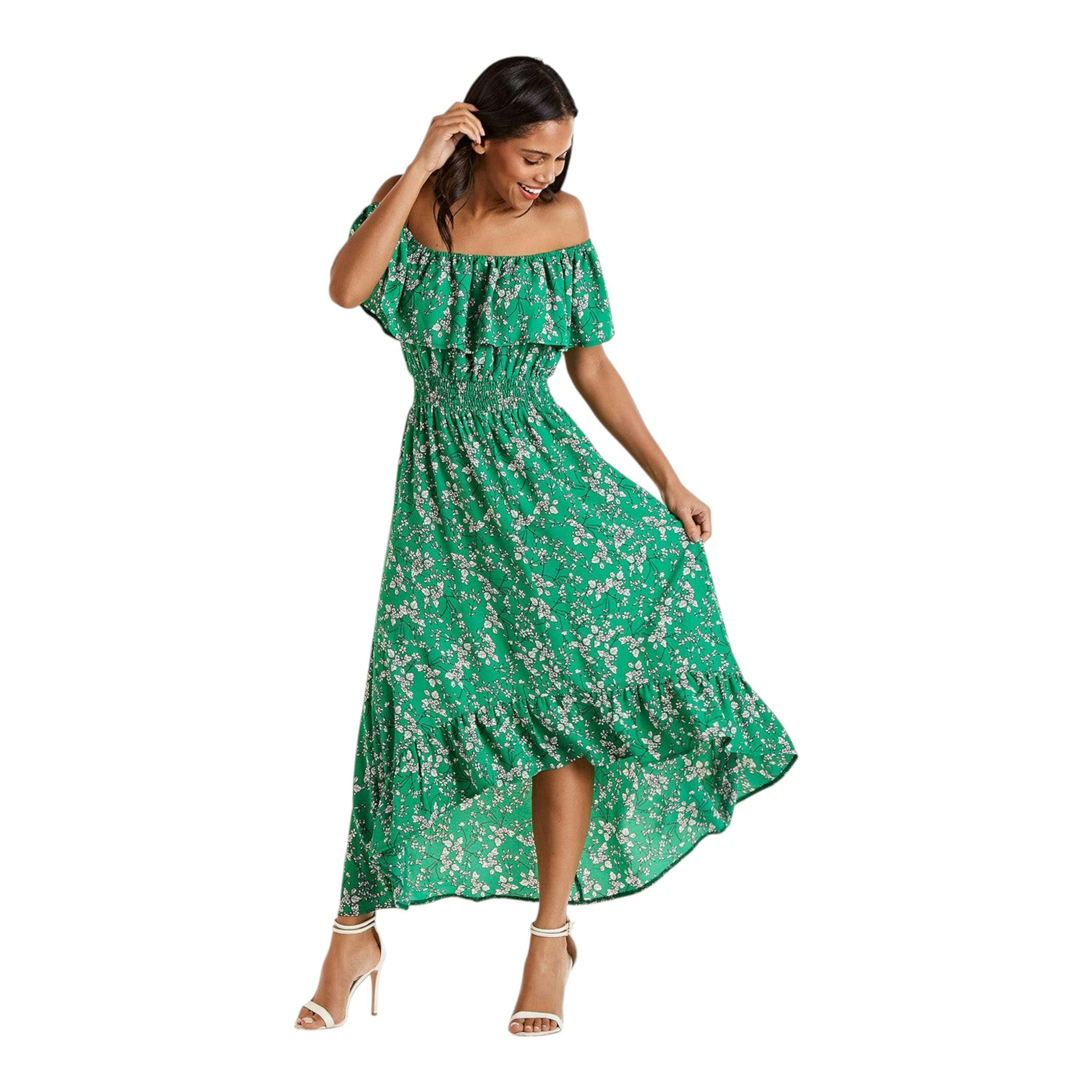 Yumi Green Bardot Asymmetric Maxi Dress , view 1 of 3