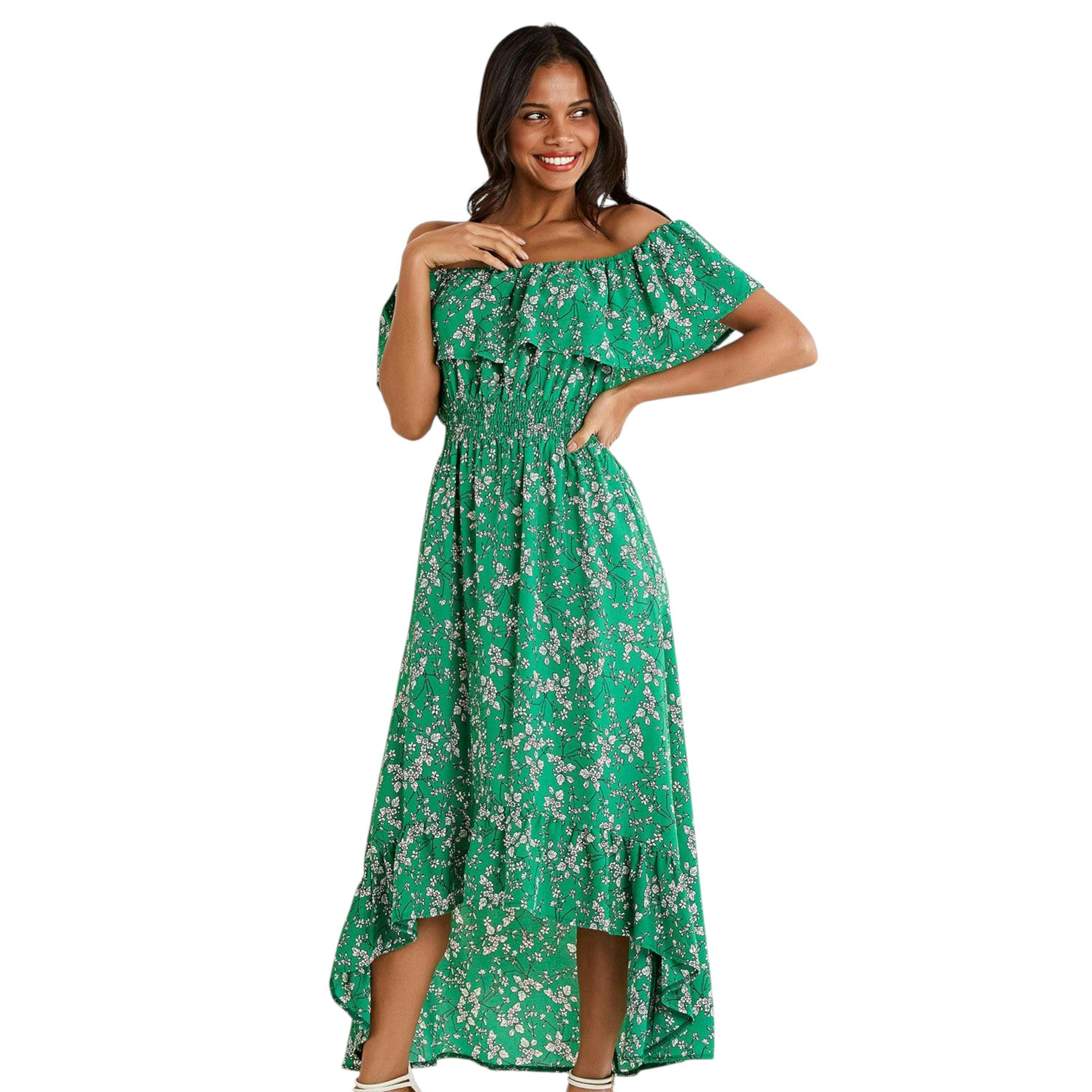 Yumi Green Bardot Asymmetric Maxi Dress , view 2 of 3