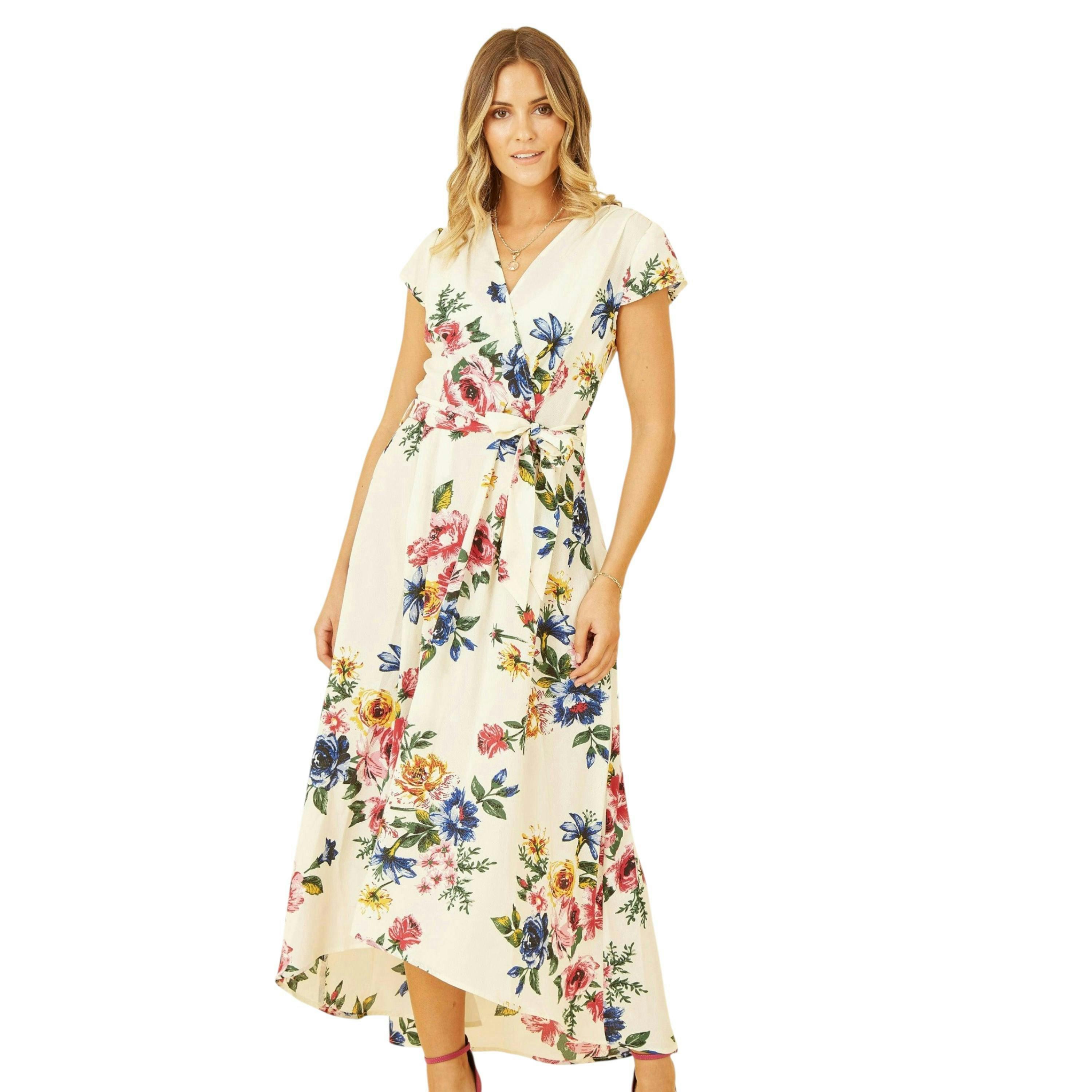 Yumi Ivory Floral Wrap Dip Hem Dress , view 1 of 4