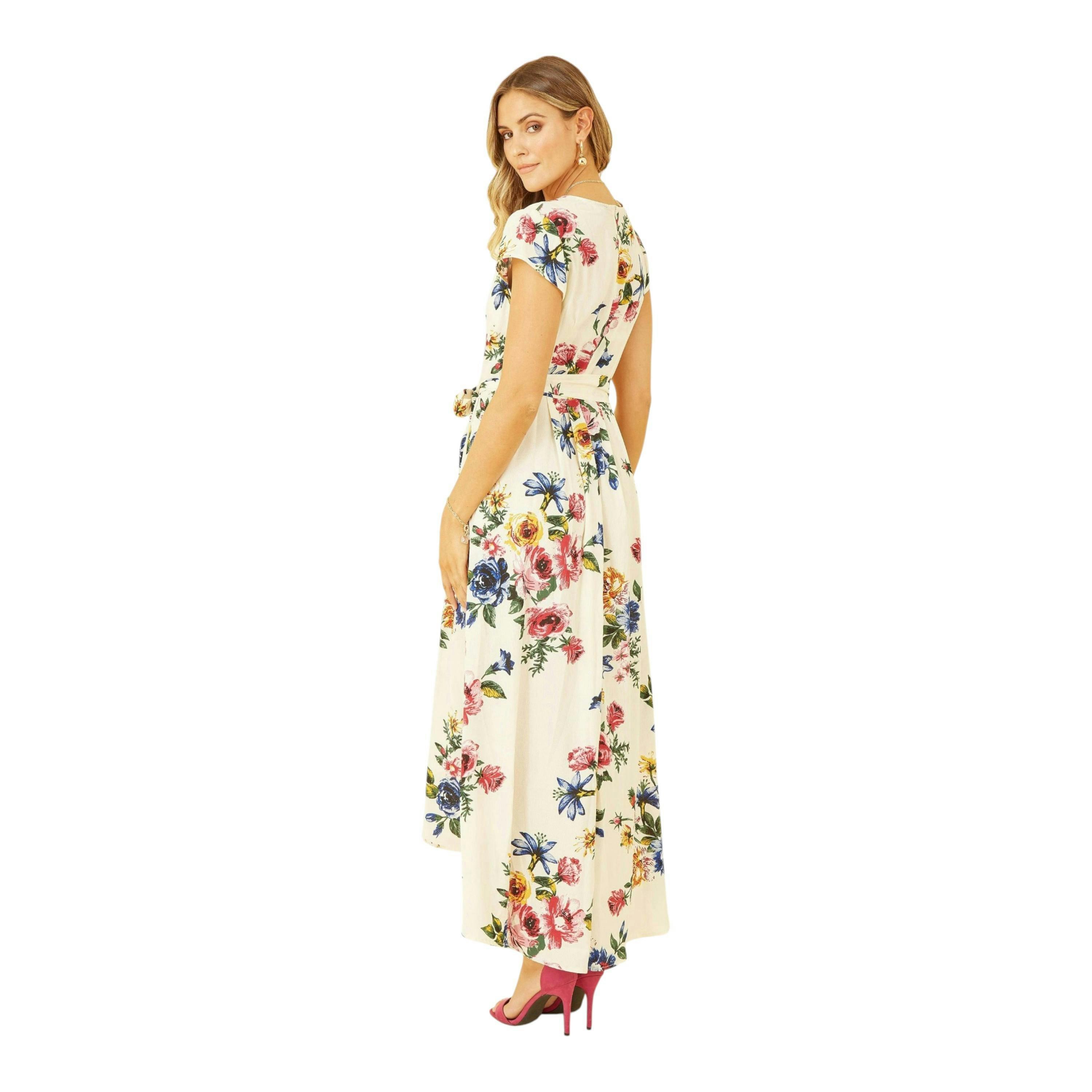 Yumi Ivory Floral Wrap Dip Hem Dress , view 2 of 4