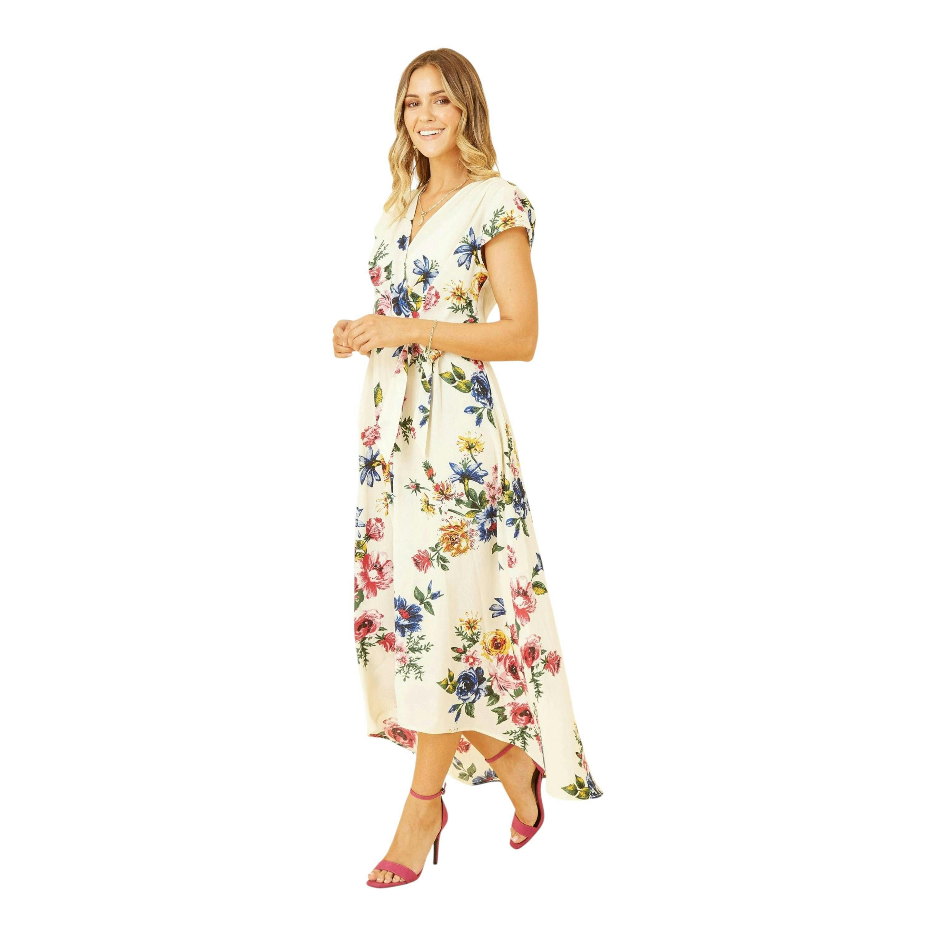 Yumi Ivory Floral Wrap Dip Hem Dress , view 3 of 4