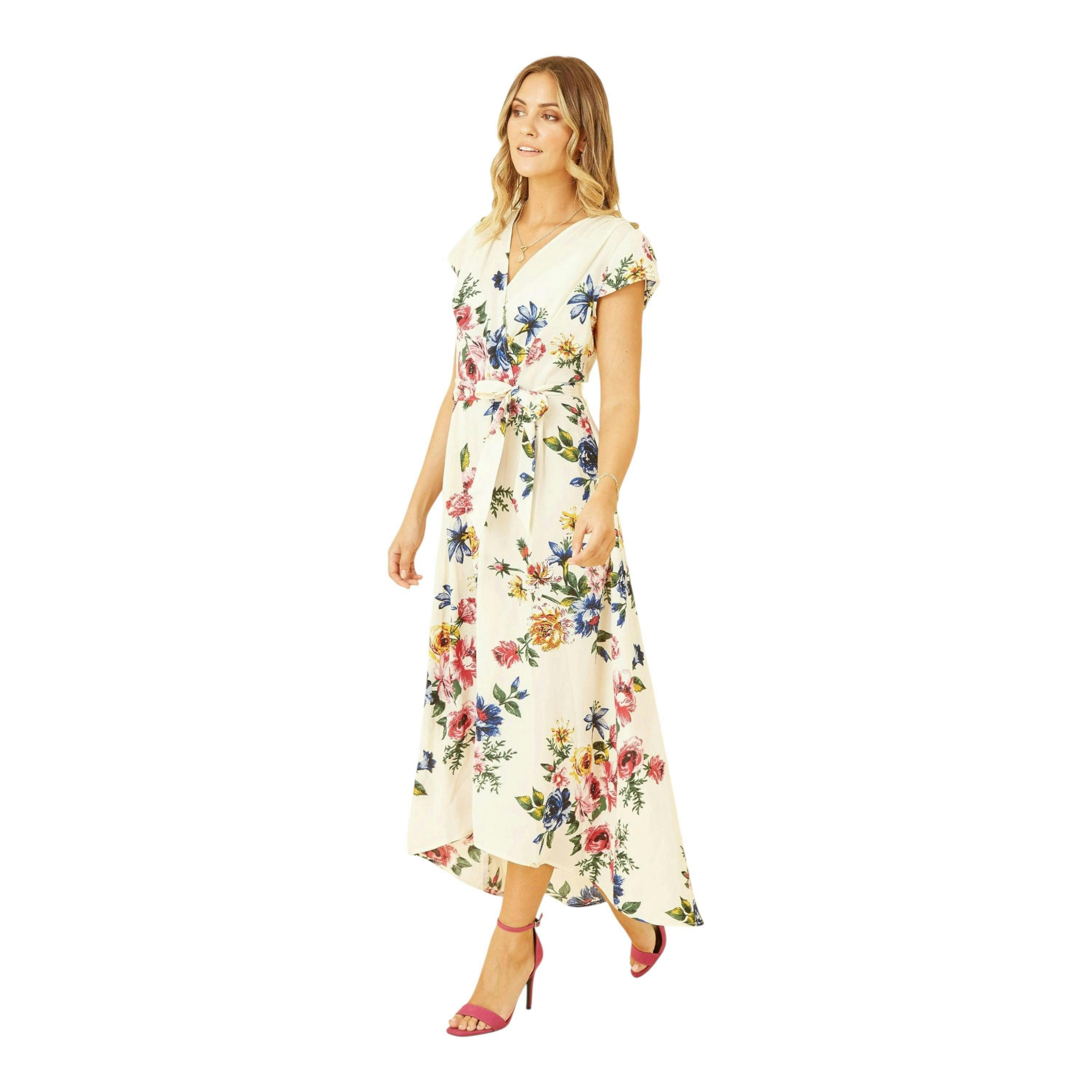 Yumi Ivory Floral Wrap Dip Hem Dress , view 4 of 4