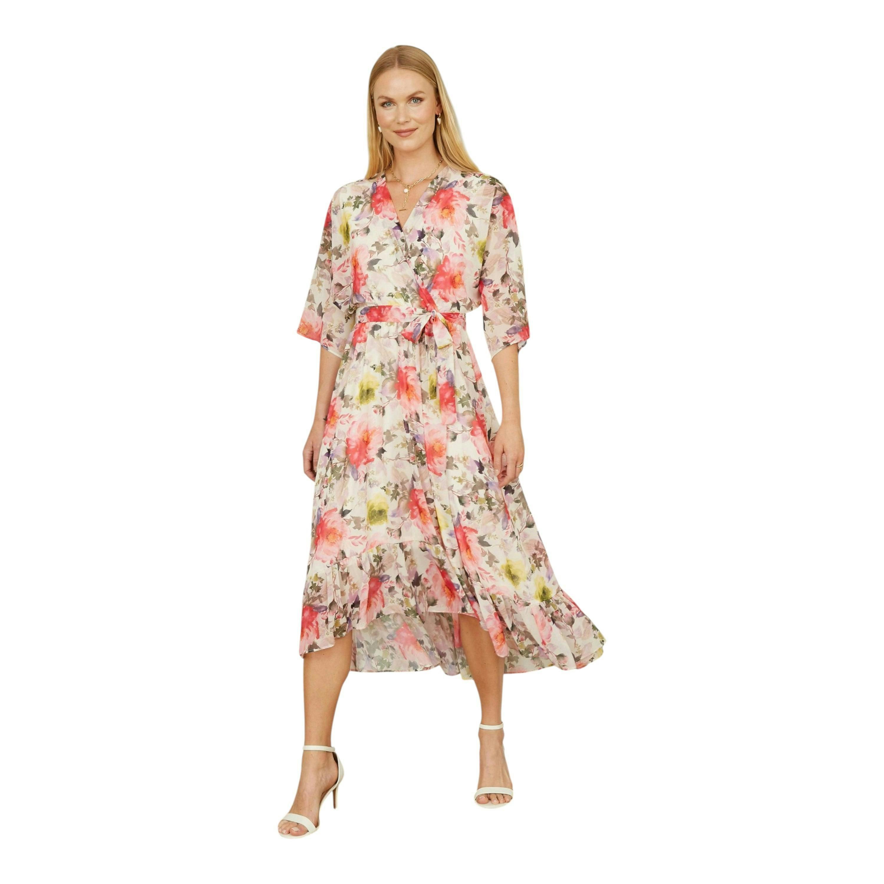 Yumi Ivory Vintage Floral Wrap Midi Dress With Frill , view 1 of 6