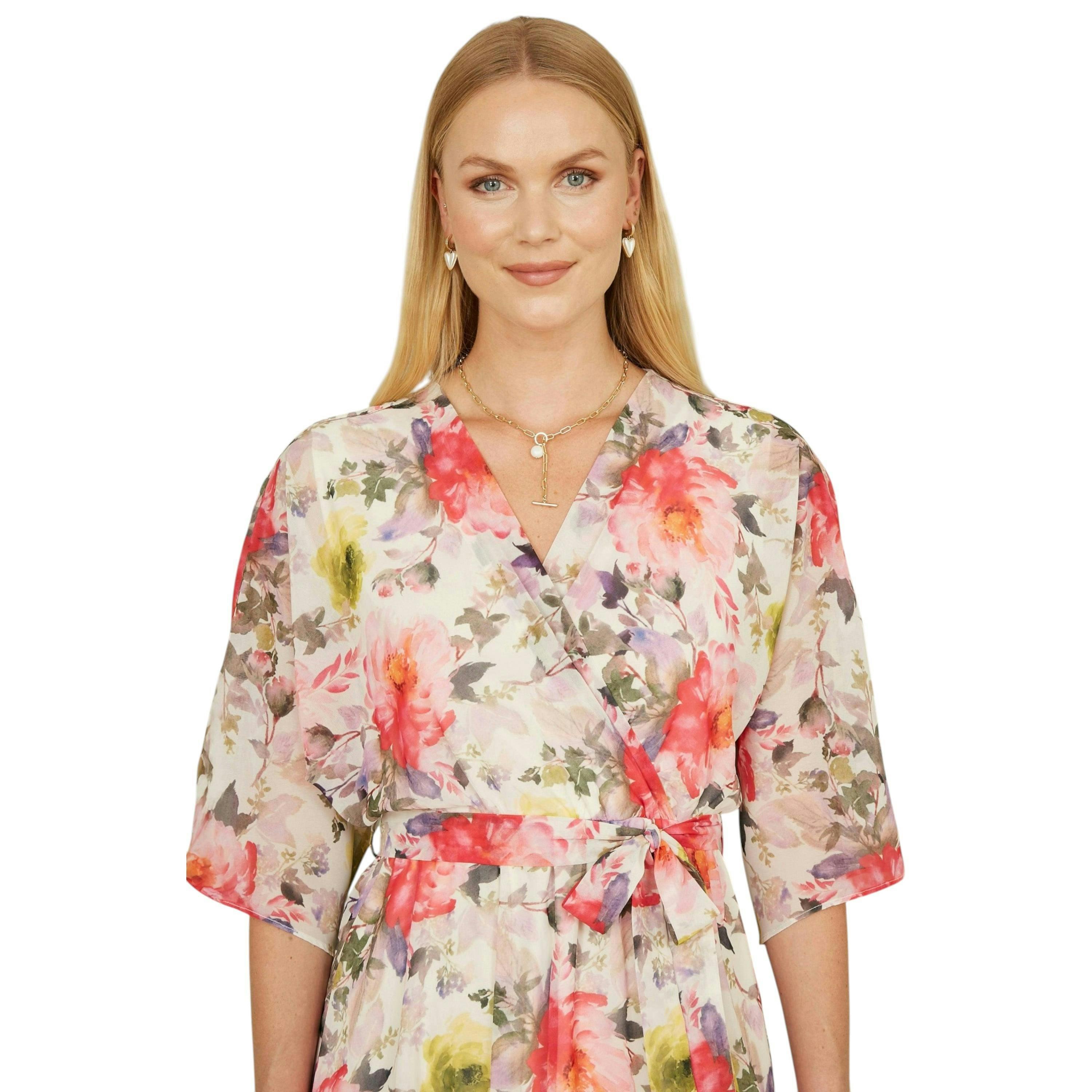 Yumi Ivory Vintage Floral Wrap Midi Dress With Frill , view 2 of 6