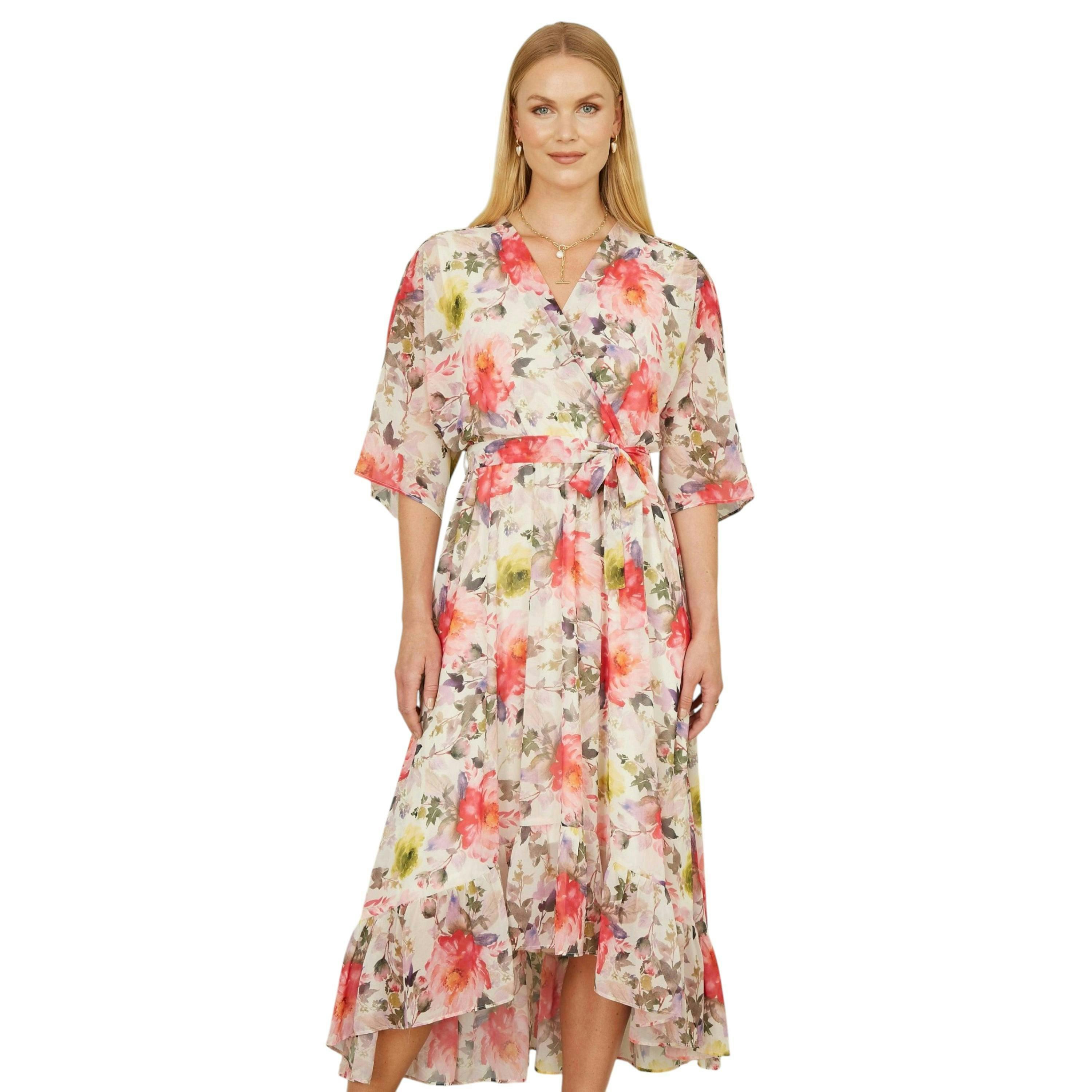 Yumi Ivory Vintage Floral Wrap Midi Dress With Frill , view 3 of 6