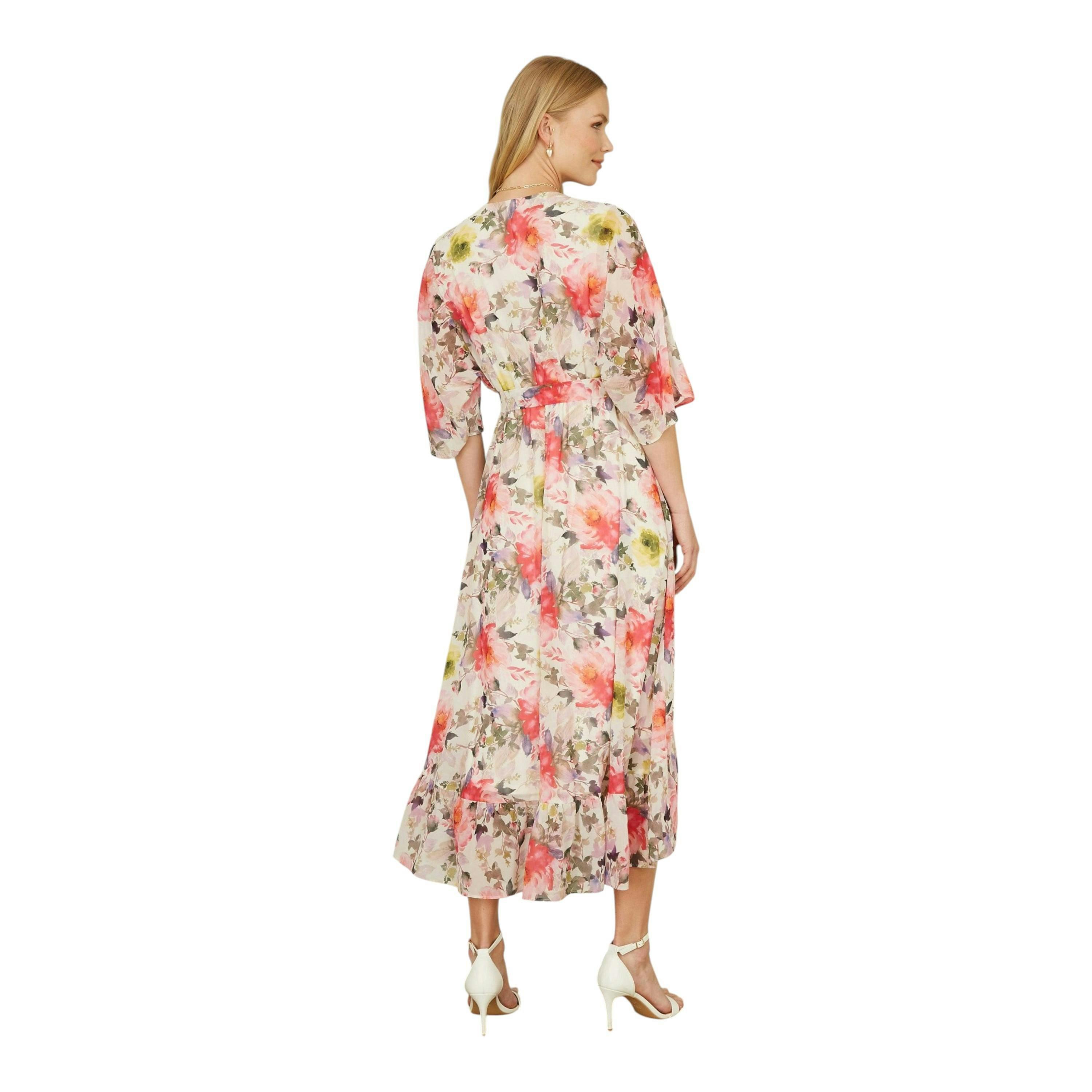 Yumi Ivory Vintage Floral Wrap Midi Dress With Frill , view 4 of 6
