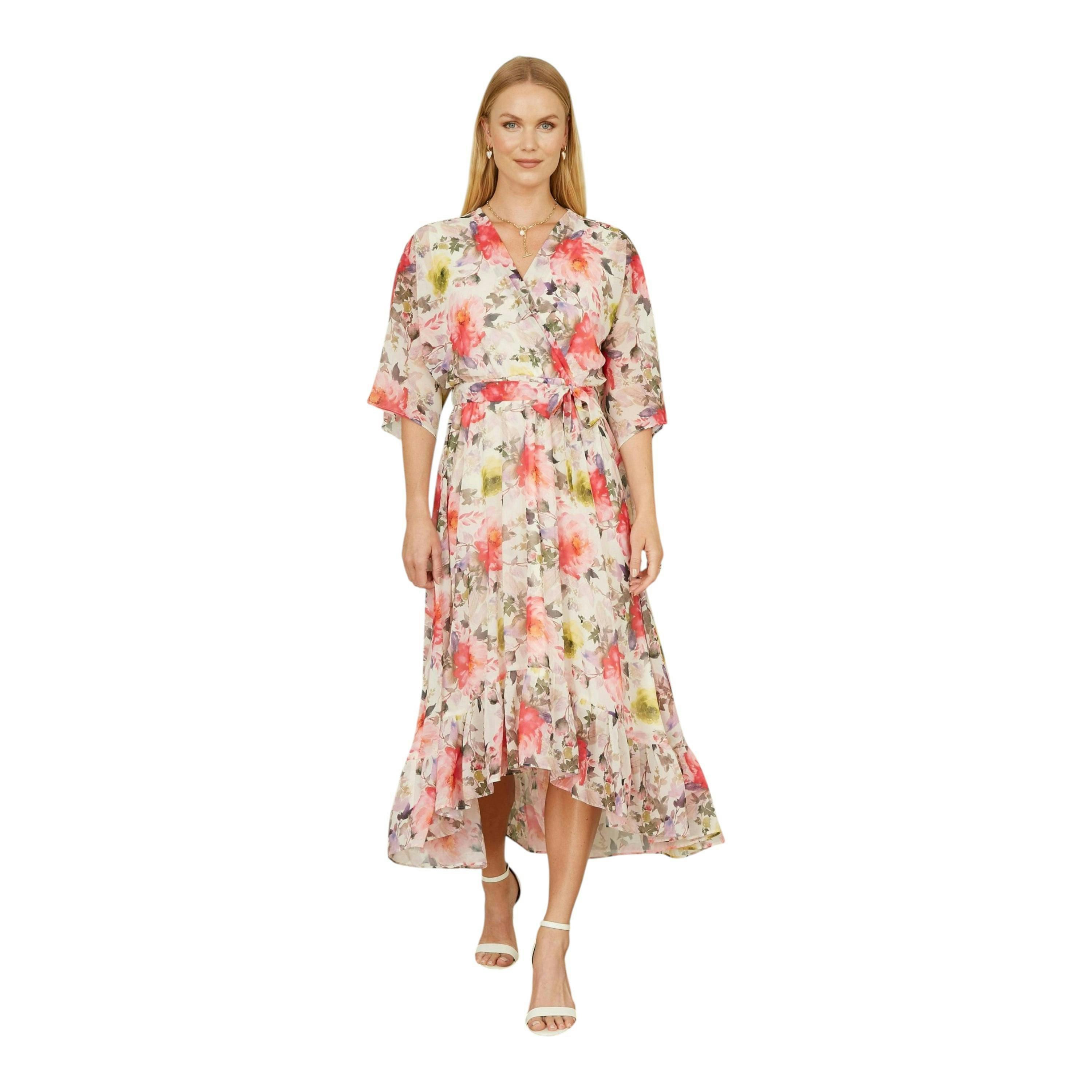 Yumi Ivory Vintage Floral Wrap Midi Dress With Frill , view 5 of 6