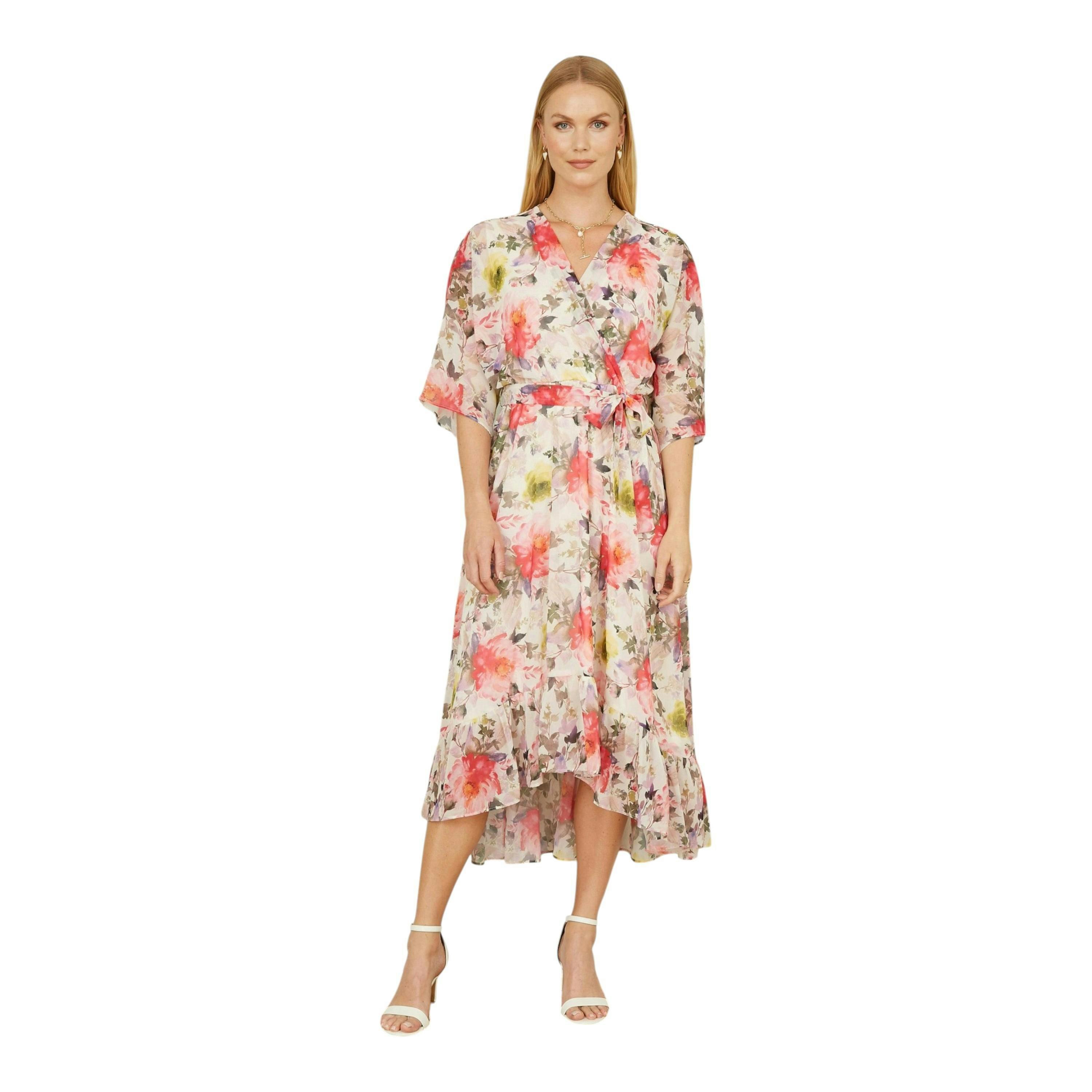 Yumi Ivory Vintage Floral Wrap Midi Dress With Frill , view 6 of 6