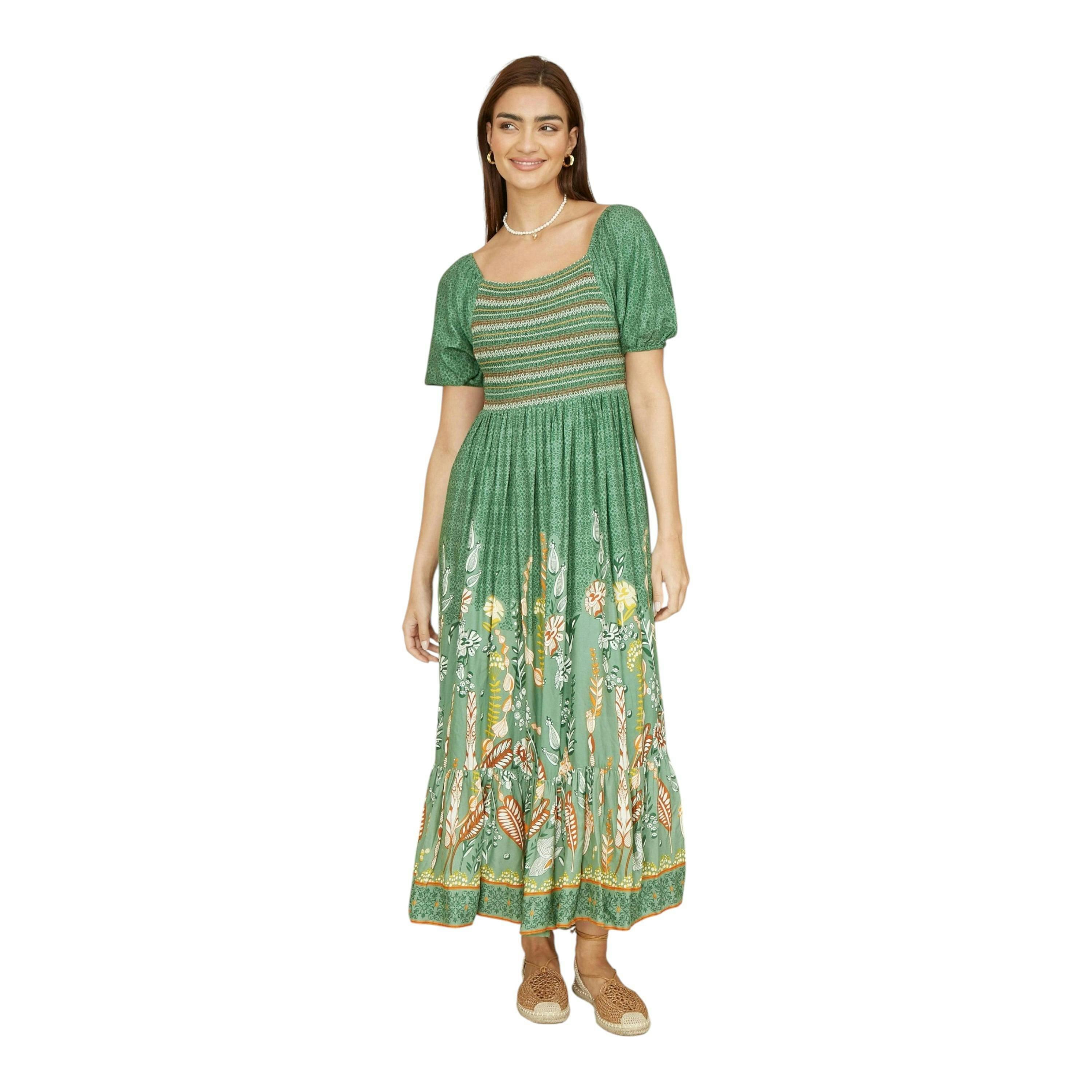Yumi Green Ruched Leaf Print Maxi Dress With Puff Sleeves , view 1 of 5