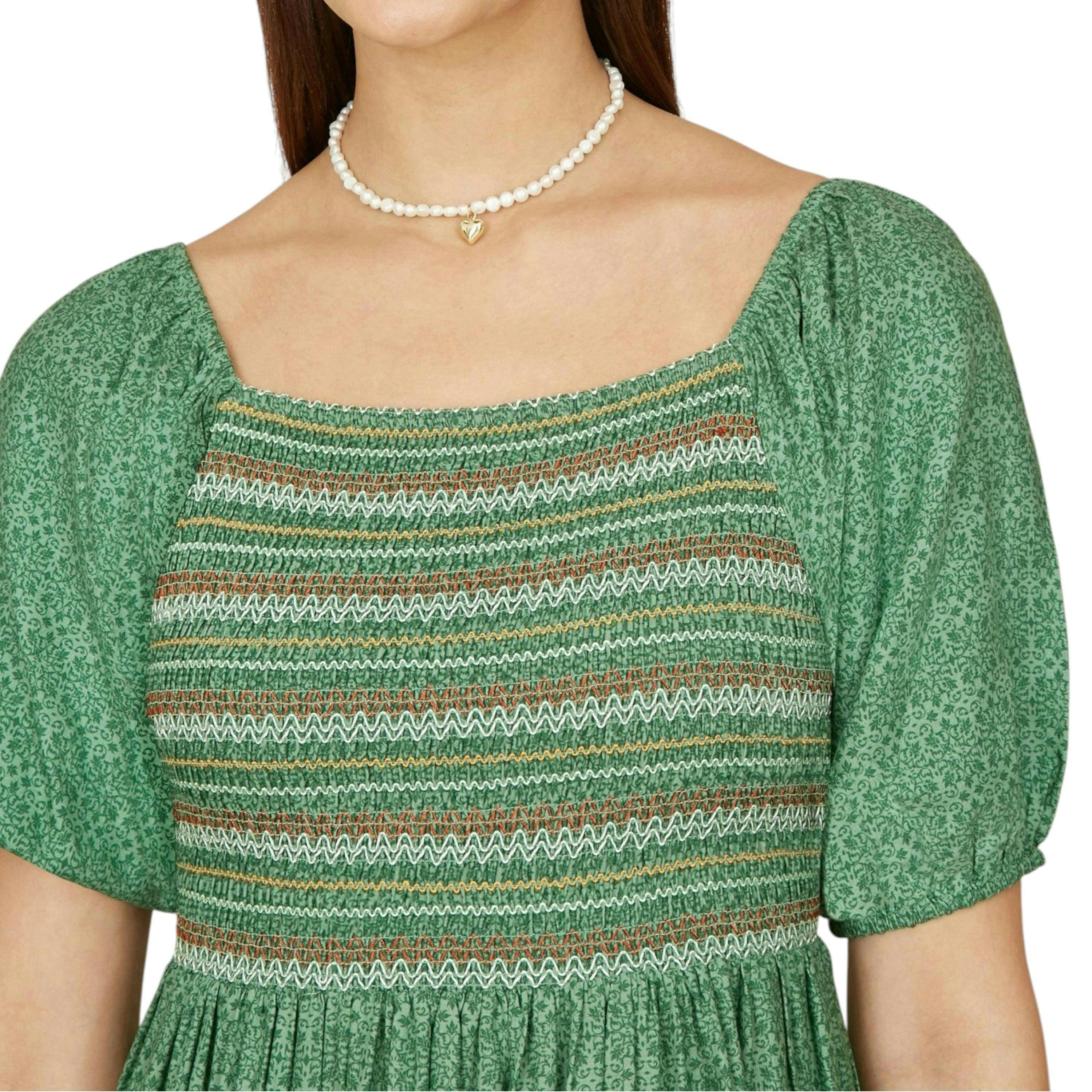 Yumi Green Ruched Leaf Print Maxi Dress With Puff Sleeves , view 2 of 5