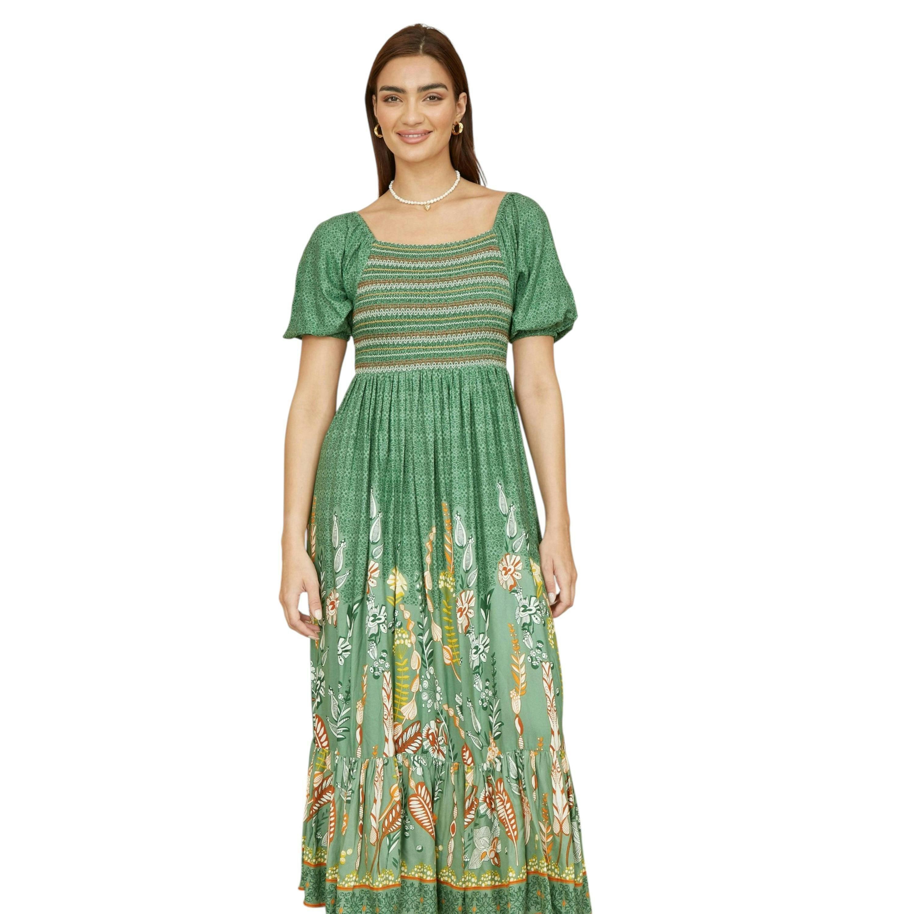 Yumi Green Ruched Leaf Print Maxi Dress With Puff Sleeves , view 3 of 5