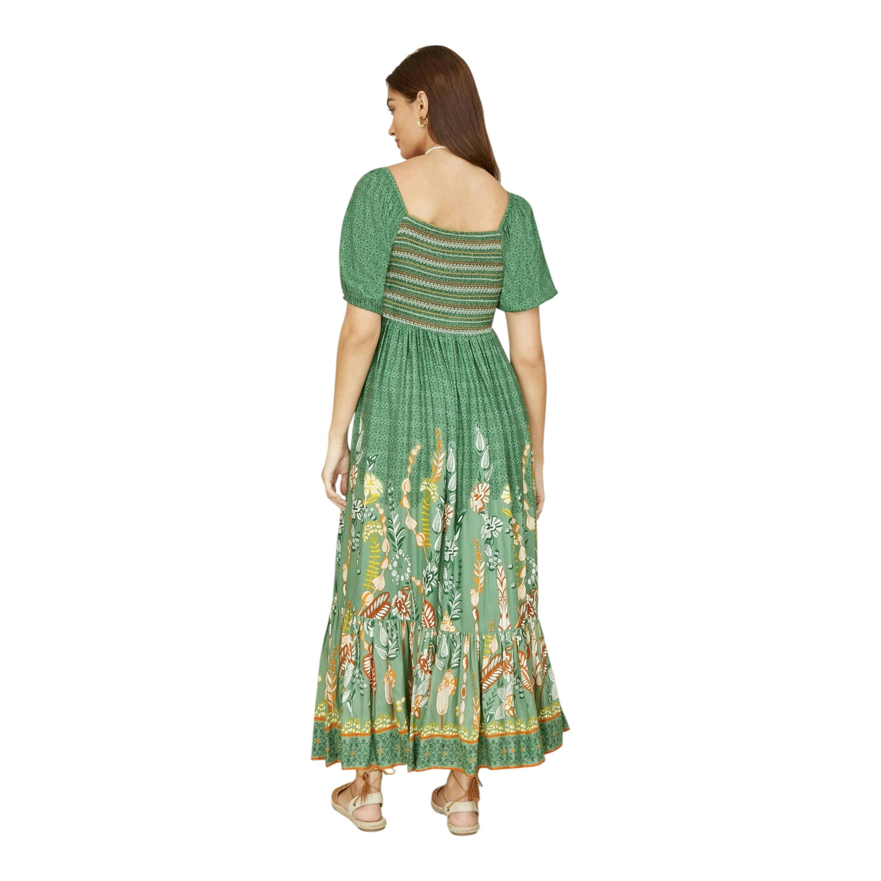 Yumi Green Ruched Leaf Print Maxi Dress With Puff Sleeves , view 4 of 5
