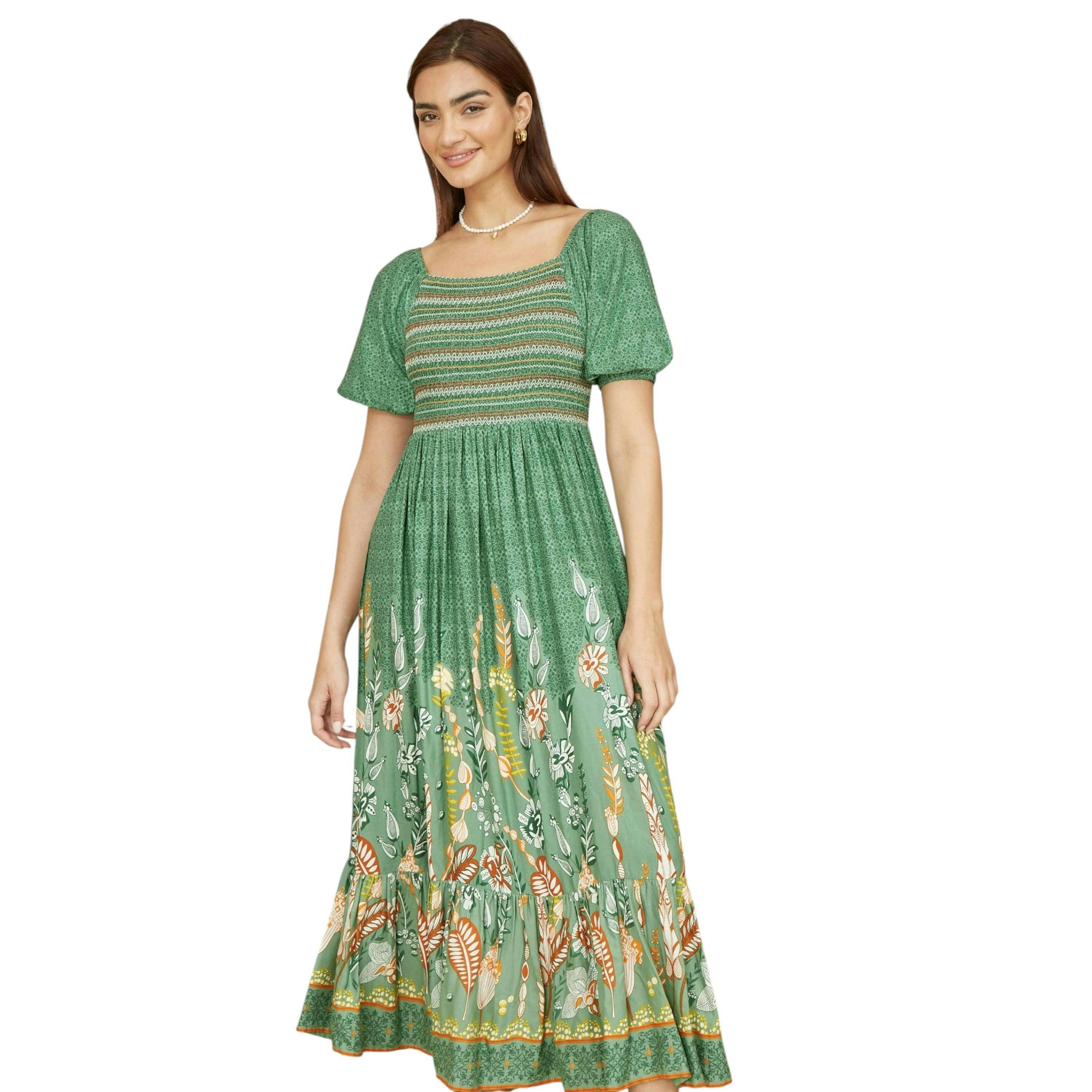 Yumi Green Ruched Leaf Print Maxi Dress With Puff Sleeves , view 5 of 5