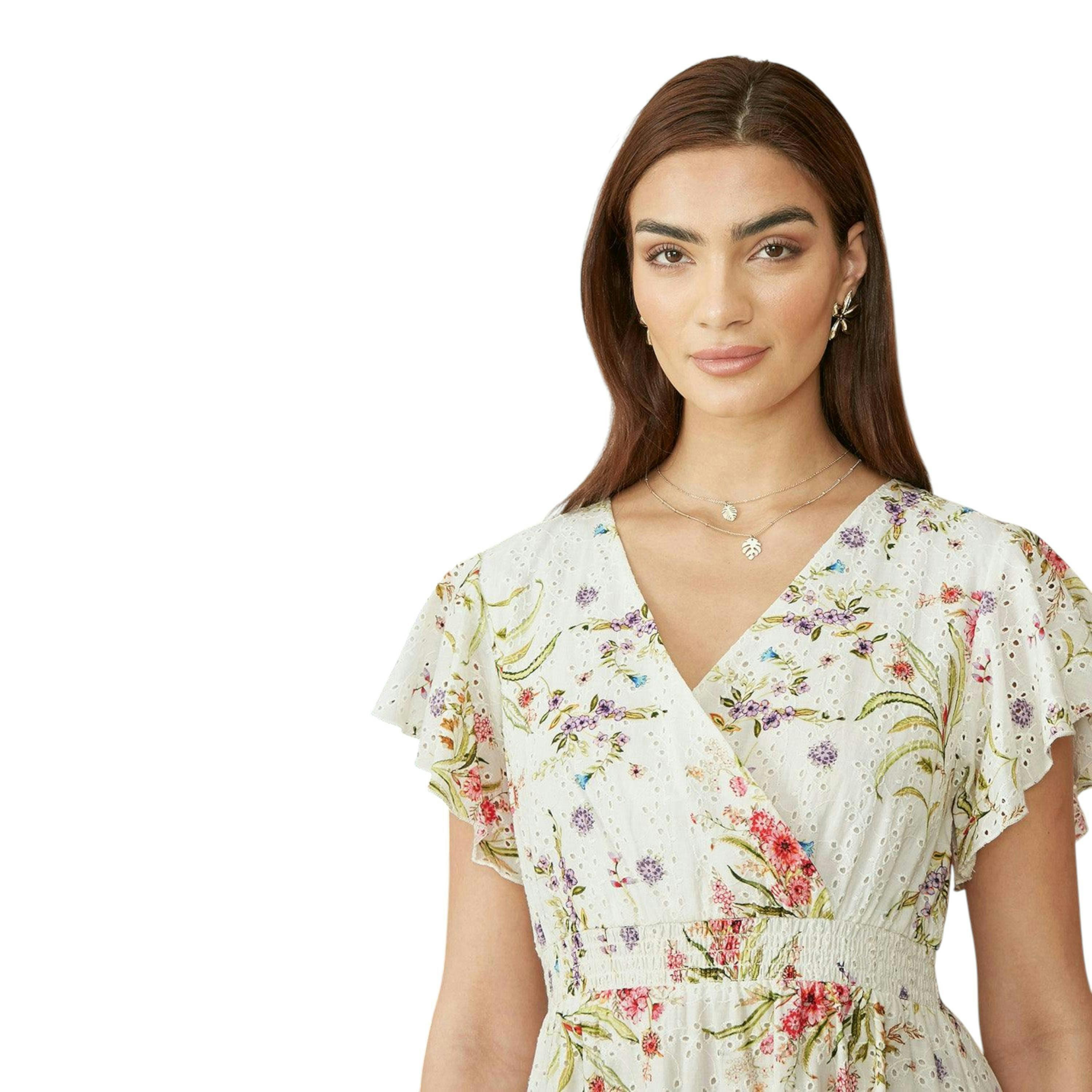 Yumi White Floral Broderie Anglaise Wrap Midi Dress , view 2 of 6