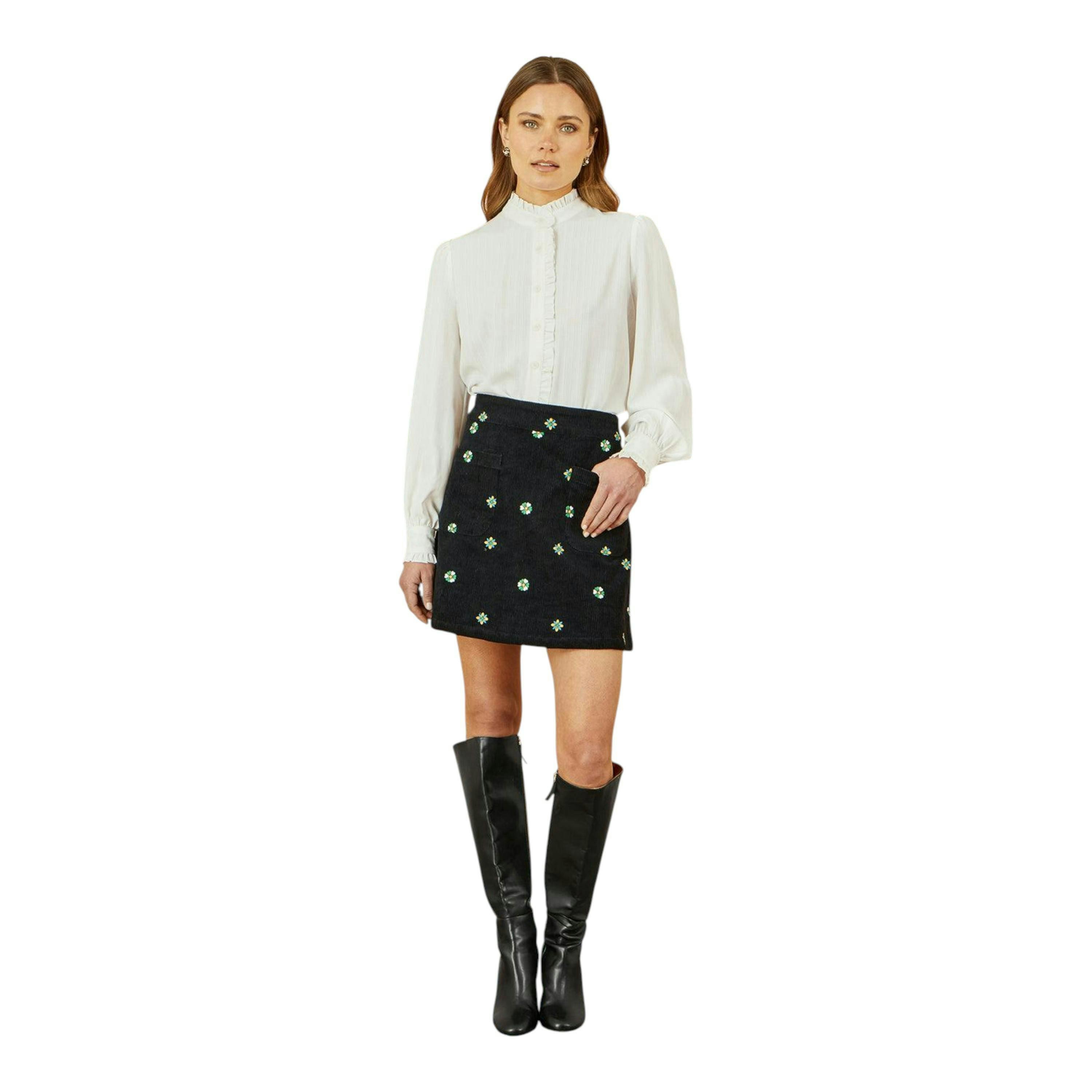 Yumi Black Flower Embroidered Cord Mini Skirt , view 1 of 3