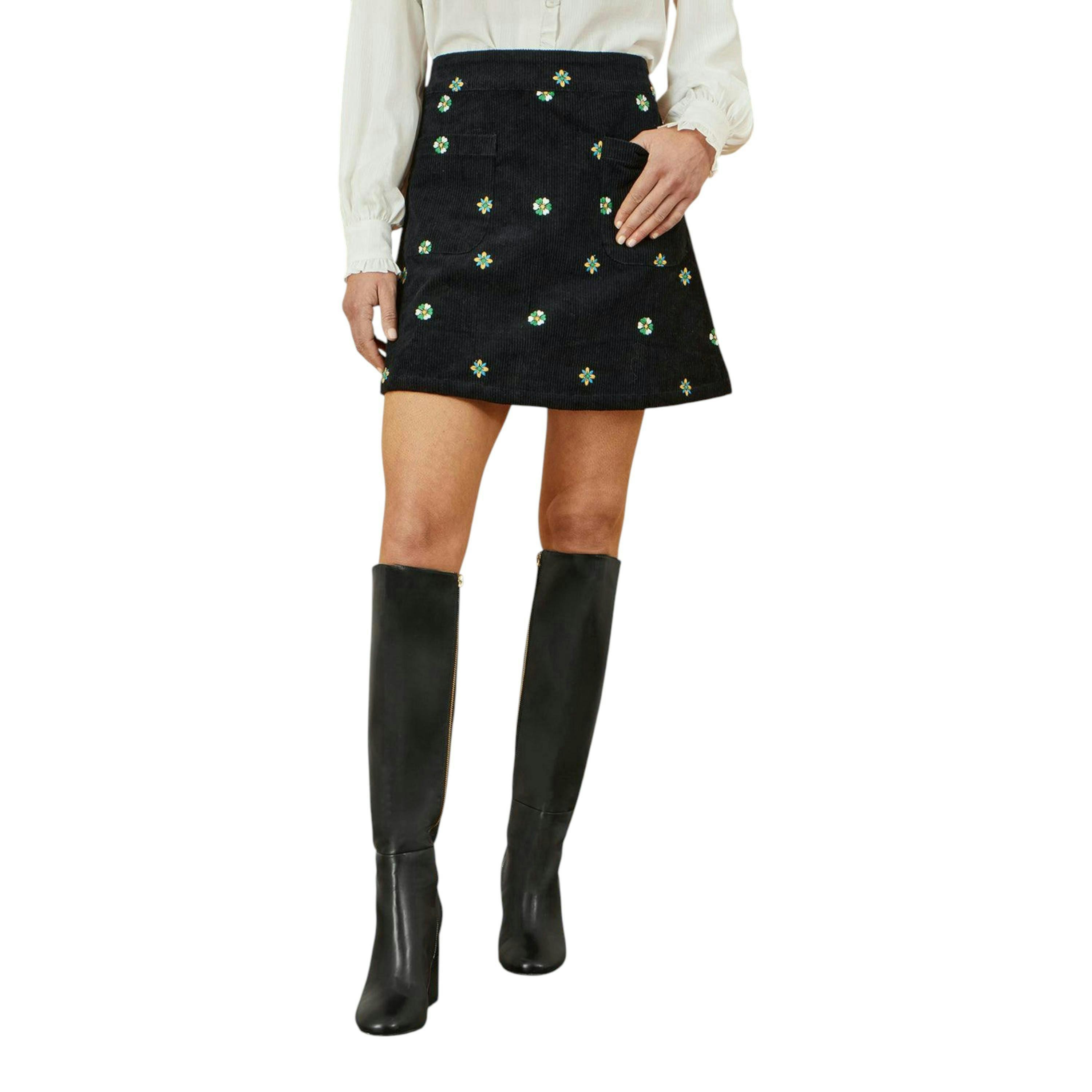 Yumi Black Flower Embroidered Cord Mini Skirt , view 2 of 3